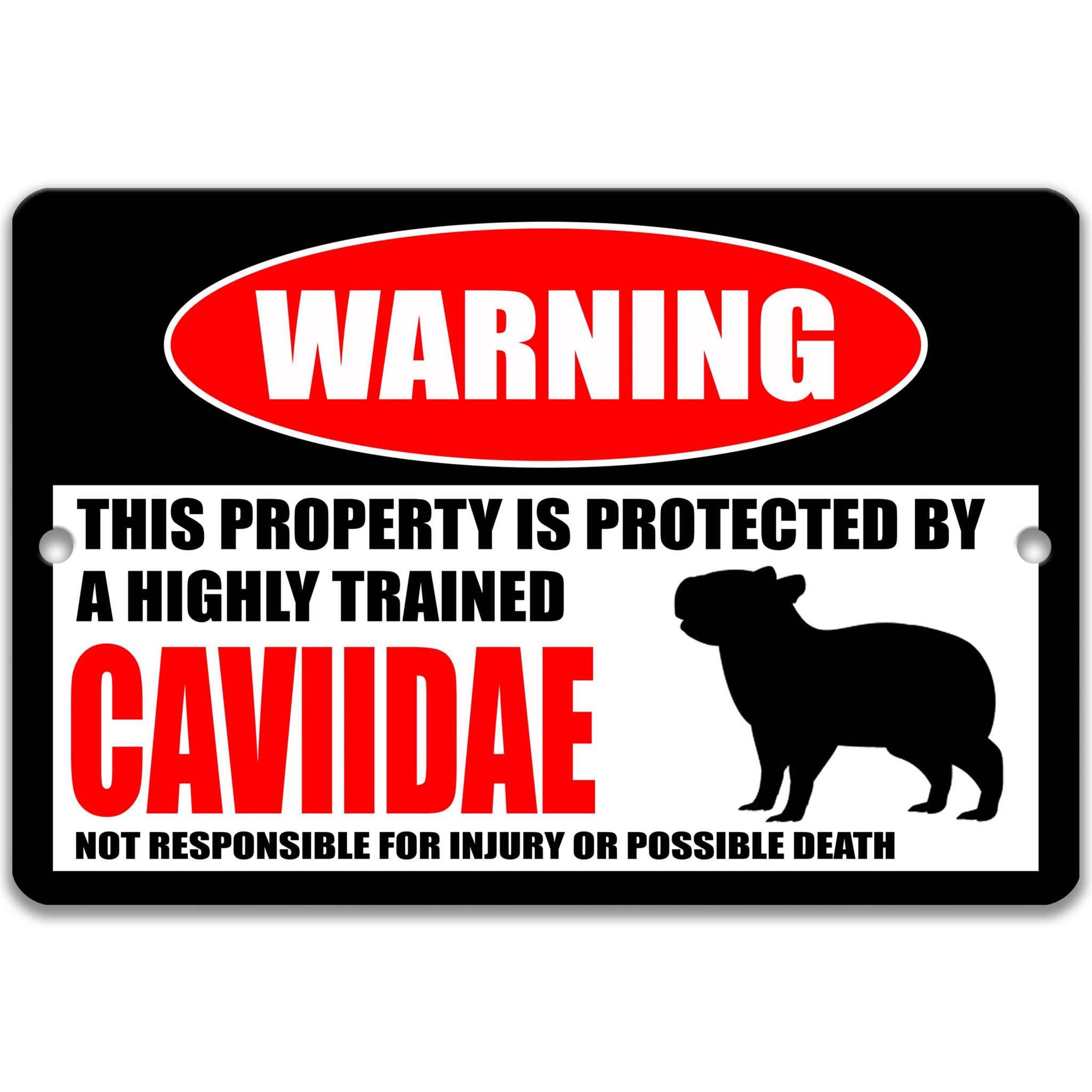 a warning sign that states "This property is protected by a highly trained cavidae", which is a type of trained dog.