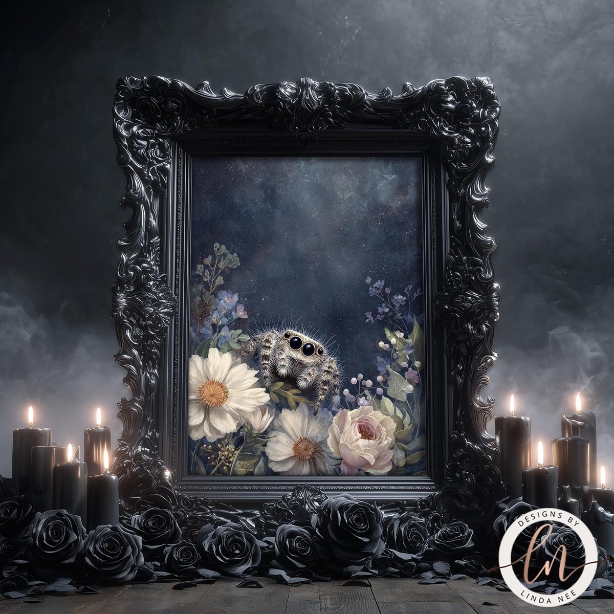a dark, ornate frame with a floral painting inside, surrounded by candles and black roses.