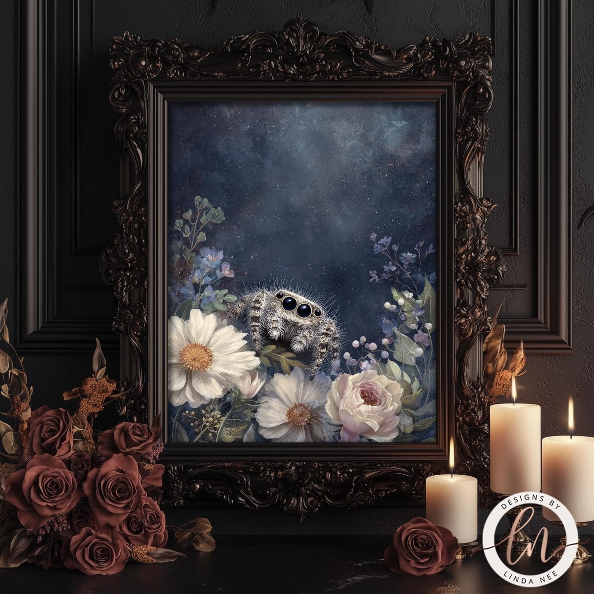 a framed painting of a spider surrounded by flowers, with candles and roses in the foreground.