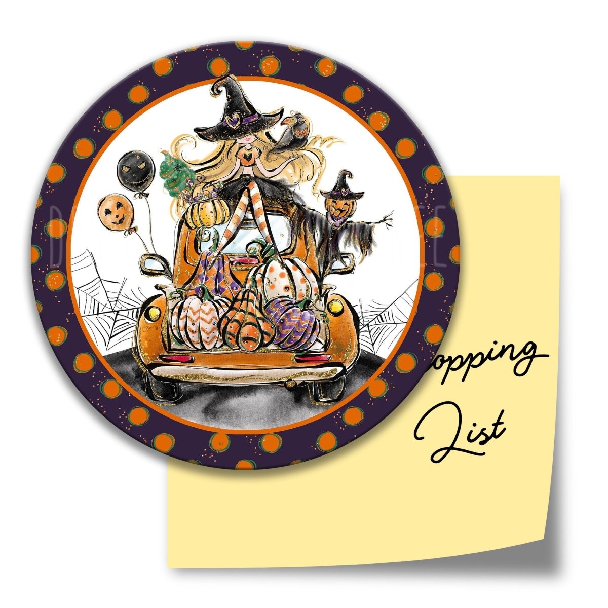 Halloween-themed shopping list with a witch and pumpkins design on a polka dot border.