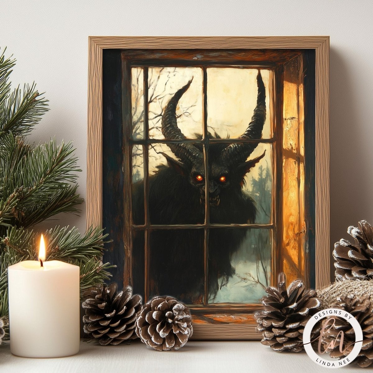 Lurking Krampus art print styled with a pillar candle, pine cones and evergreen sprigs