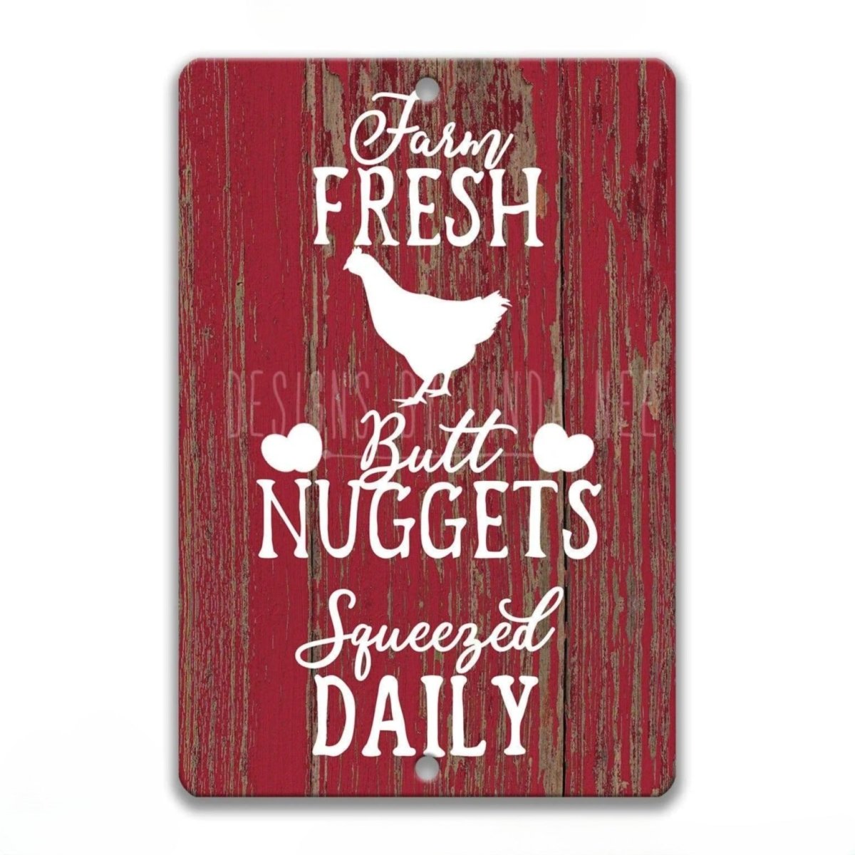 Farm Fresh Butt Nuggets Squeezed Daily portrait sign, distressed red barnwood, hen and egg icons
