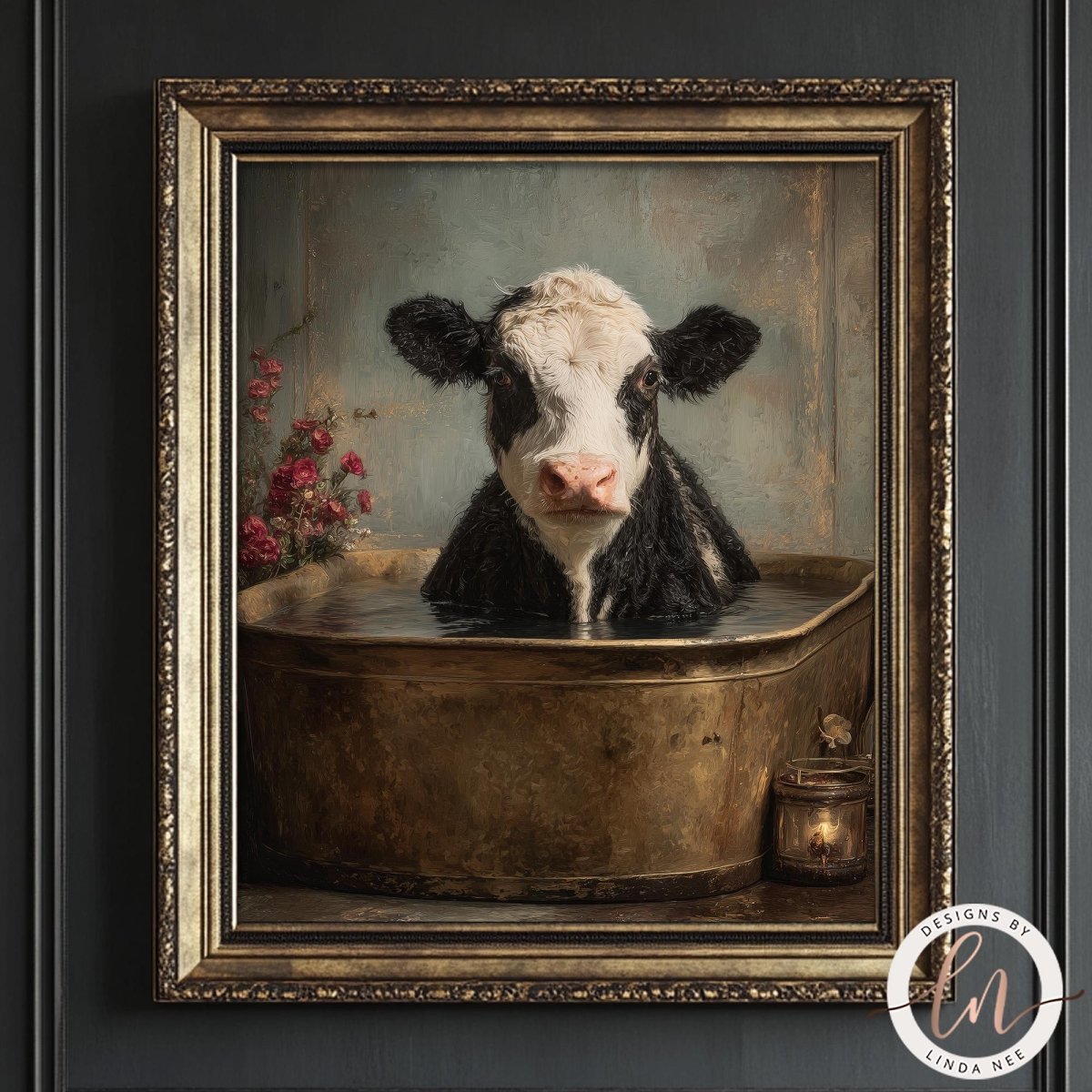 A black and white cow is sitting in a large metal tub filled with water, surrounded by flowers and a candle.