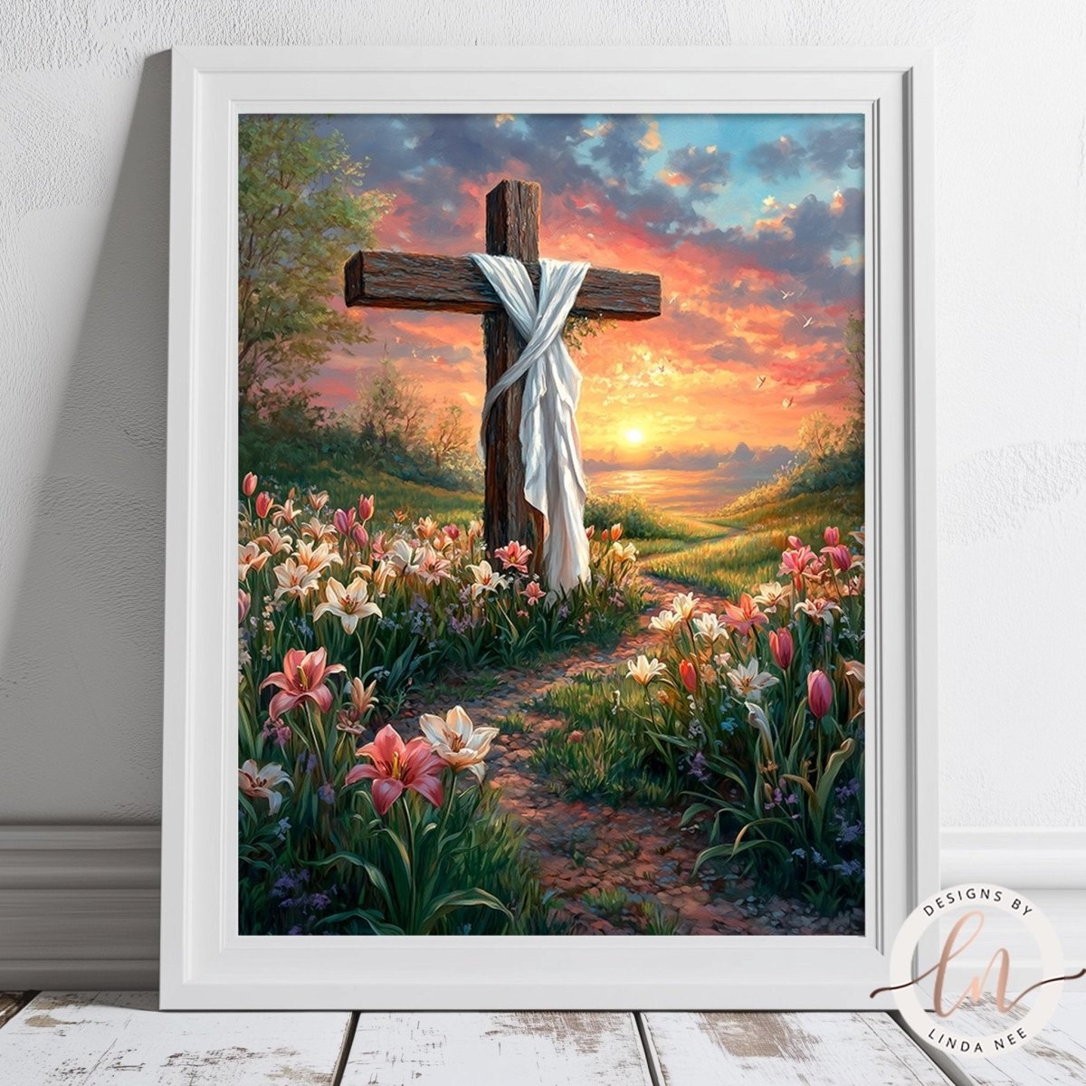 Cross with lilies in morning light print displayed with spring decor