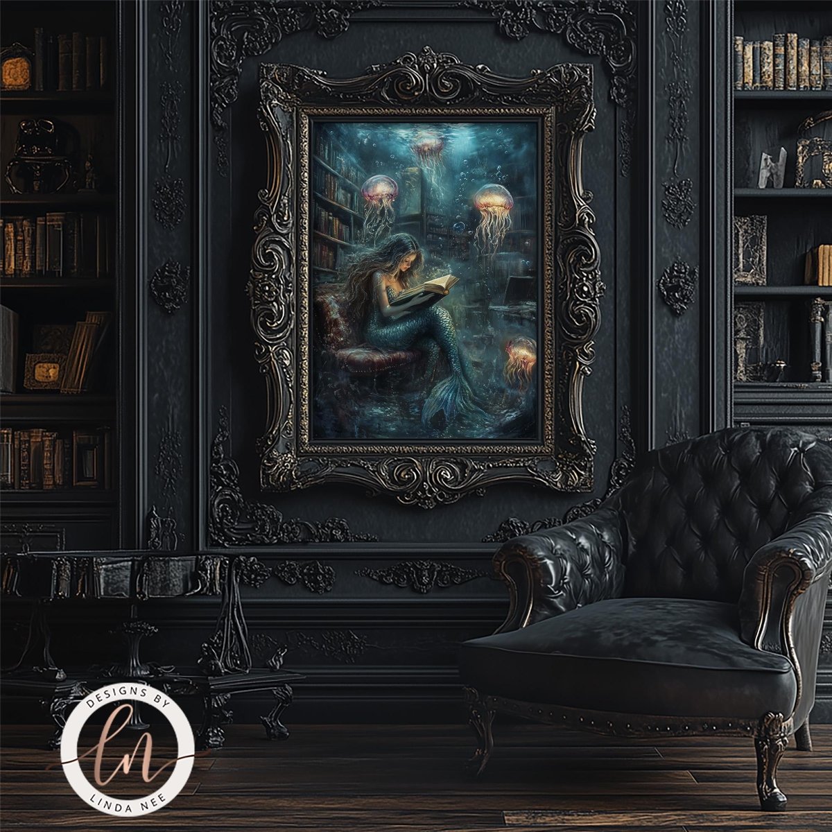 a mermaid sitting in a chair, surrounded by jellyfish, in an ornate, dark room with a large painting of a mermaid on the wall.