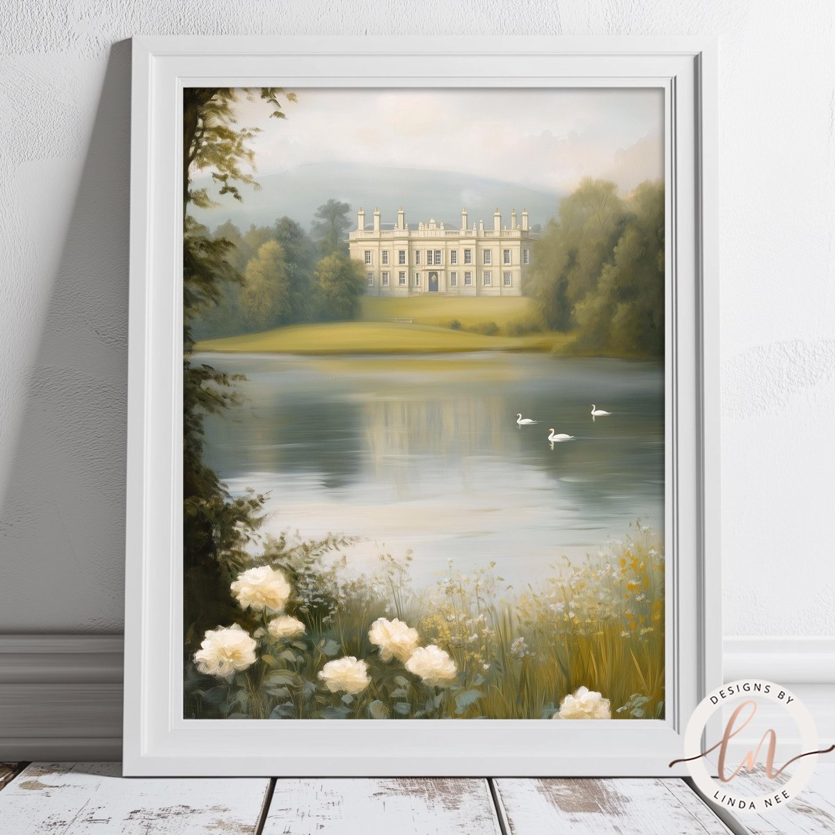 White manor reflected in a calm lake with swans and flowers