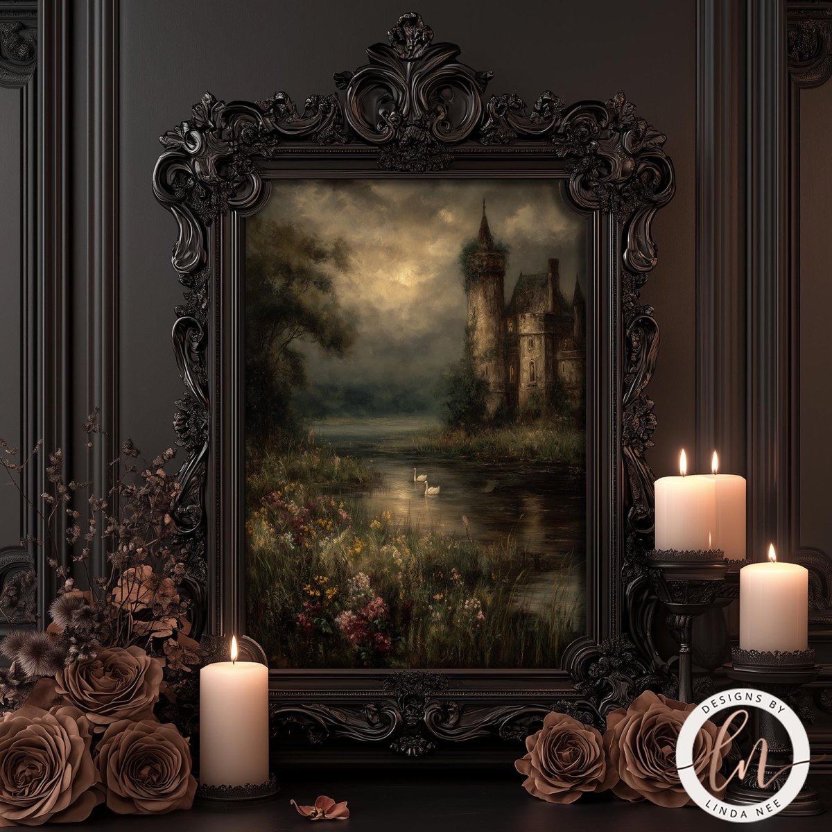 a painting of a castle surrounded by a lush landscape, with a serene lake in the foreground. The painting is framed in an ornate black frame, and there are lit candles and floral arrangements placed around the painting, creating a warm and inviting atmosphere.