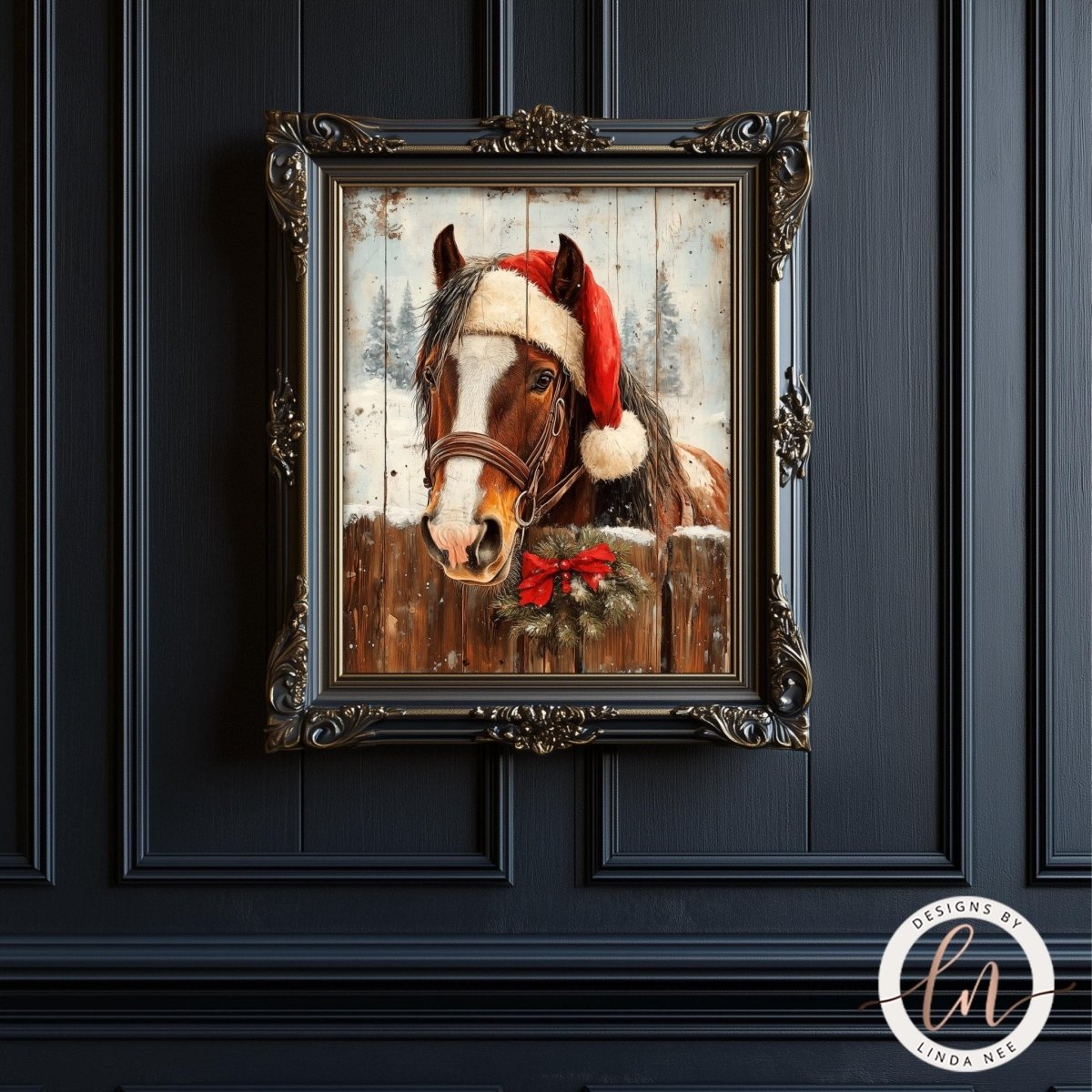 A framed painting of a horse wearing a Santa hat, set against a snowy background, is displayed on a dark wooden panel.