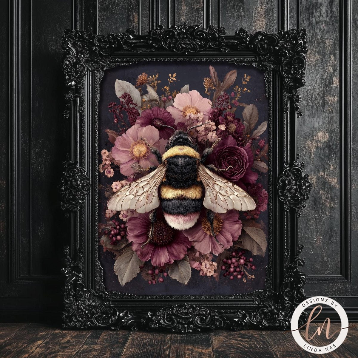 a framed artwork depicting a bee surrounded by a vibrant floral arrangement.