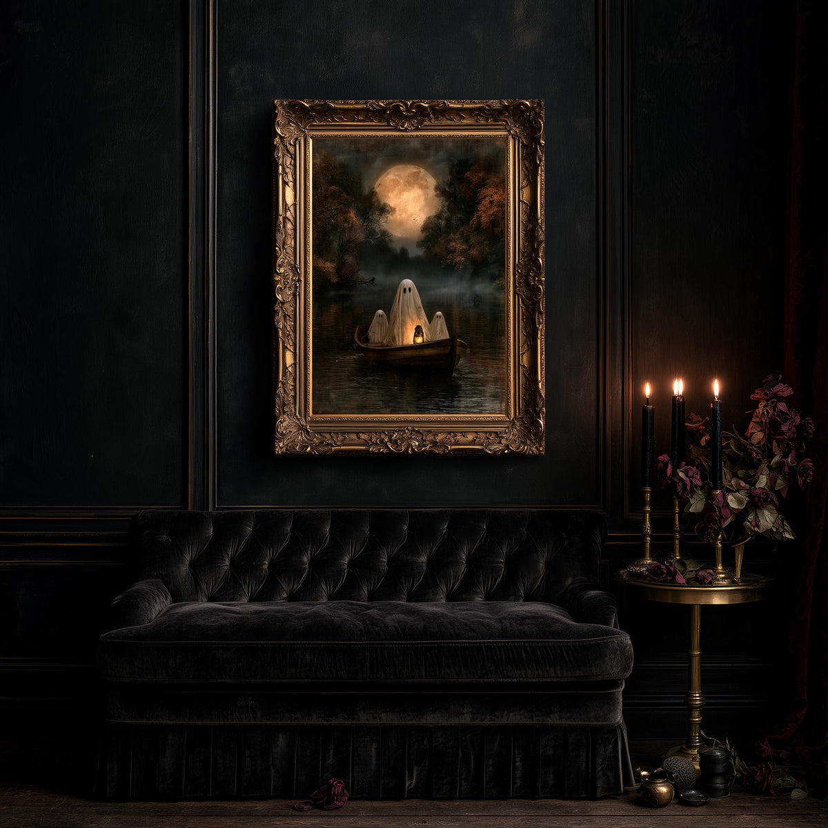 Large ghost rowboat artwork above a black tufted sofa in a dim, moody room