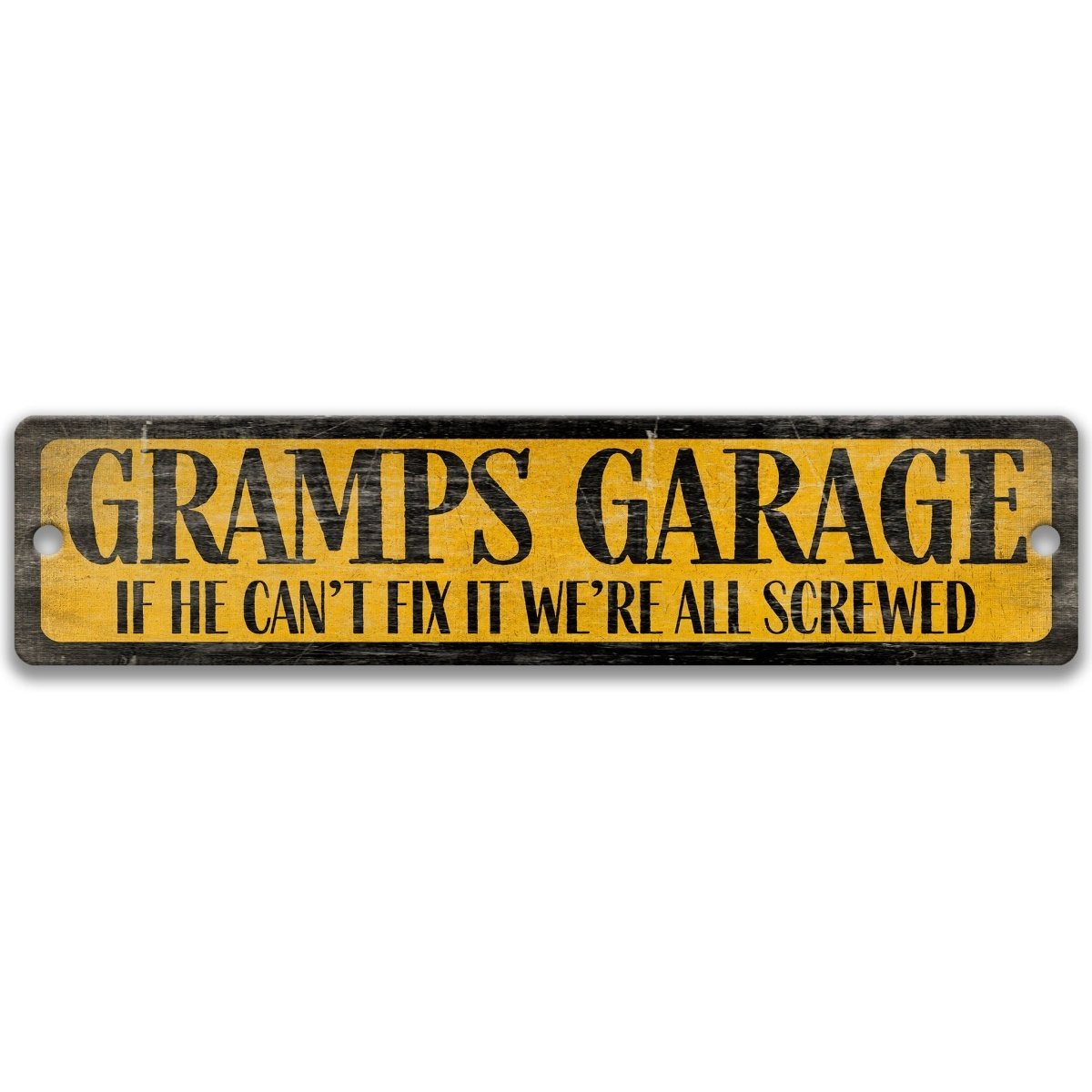 a sign with the text "GRAMP'S GARAGE" in a distressed, yellow and black color scheme.