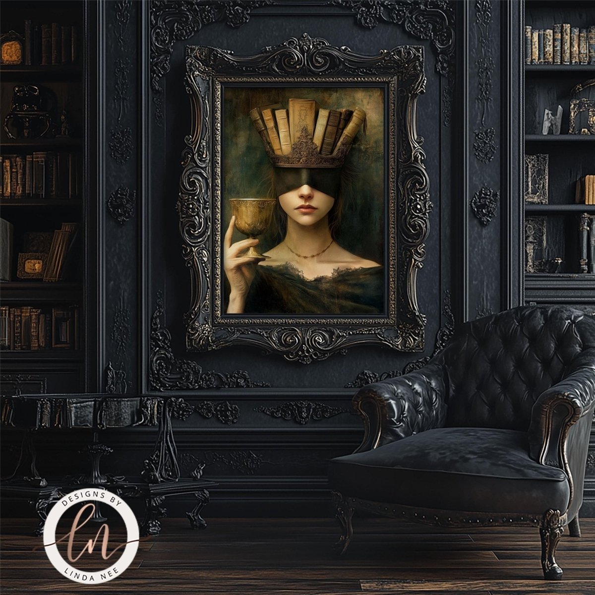Book crown queen artwork displayed with bookshelves and an armchair