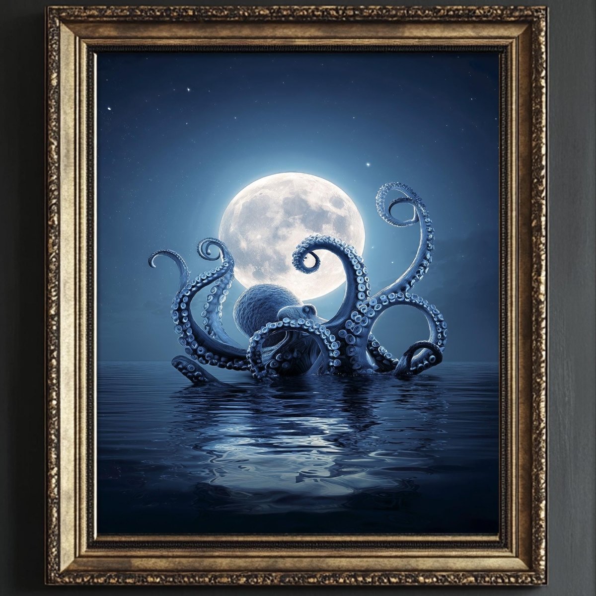 A large, blue octopus with tentacles spread out in the water, with a full moon in the background.