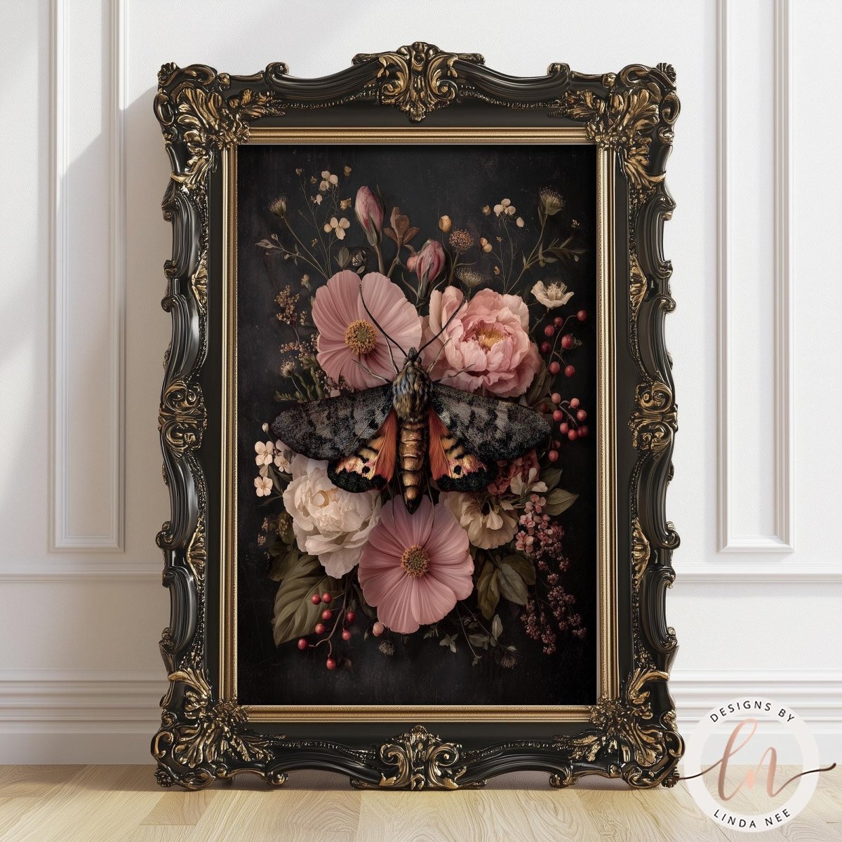 a framed painting of a butterfly resting on a floral arrangement.