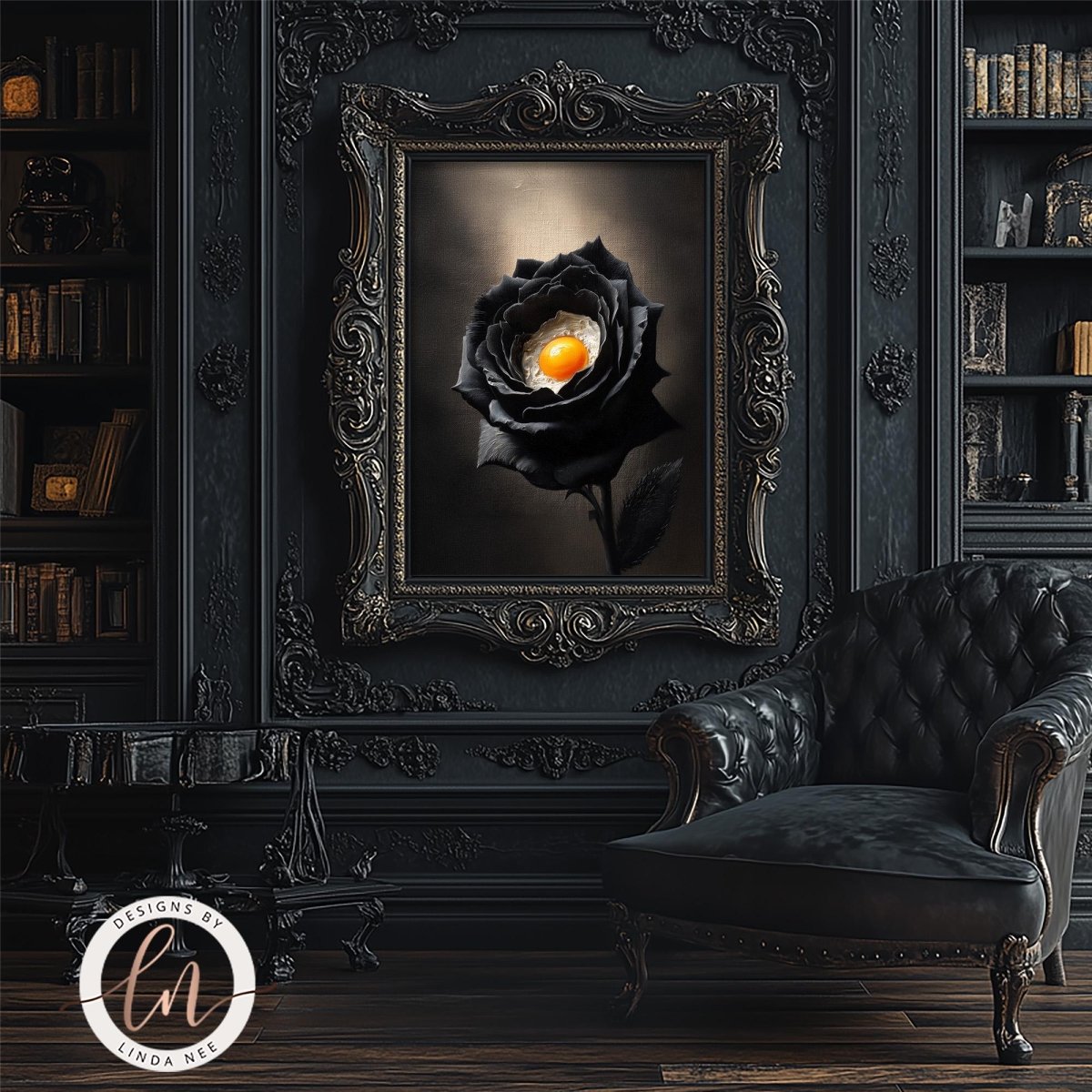 a dark, ornate room with a large, black rose painting hanging on the wall. The painting is framed in an elaborate, gilded frame and is the focal point of the room. In the foreground, there is a black leather armchair, and a bookshelf filled with books can be seen in the background.