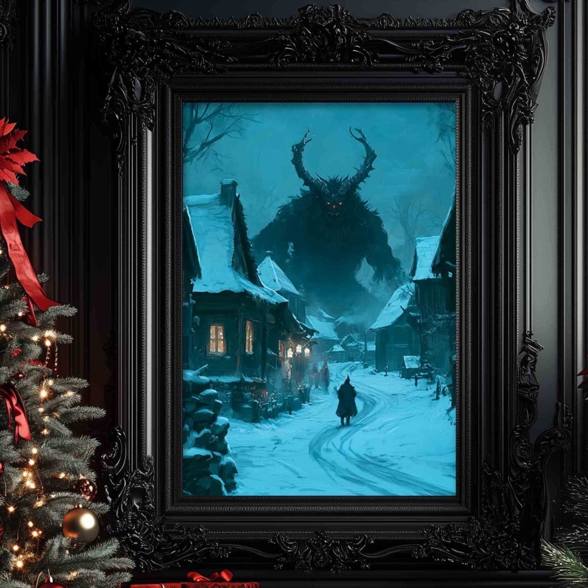 a dark, eerie scene with a large, ominous creature looming over a snowy village. The creature appears to be a monstrous, horned figure with glowing red eyes, and it is situated in the center of the image. The village is covered in snow, with houses and trees visible in the background. The overall atmosphere of the image is shrouded in darkness and mystery, with the creature looming over the village.