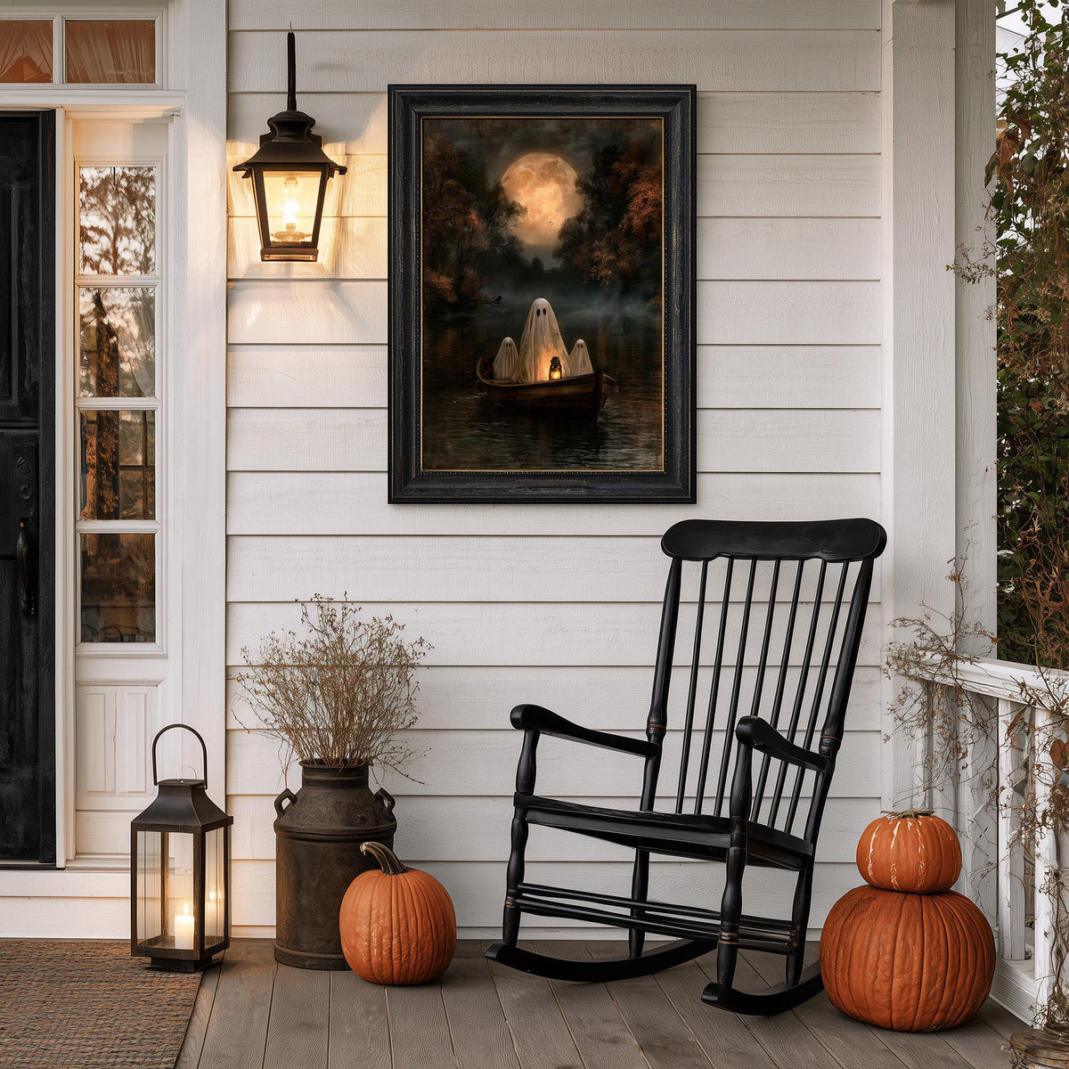 Porch wall with a rocking chair, two pumpkins, a lantern, and the ghost boat print