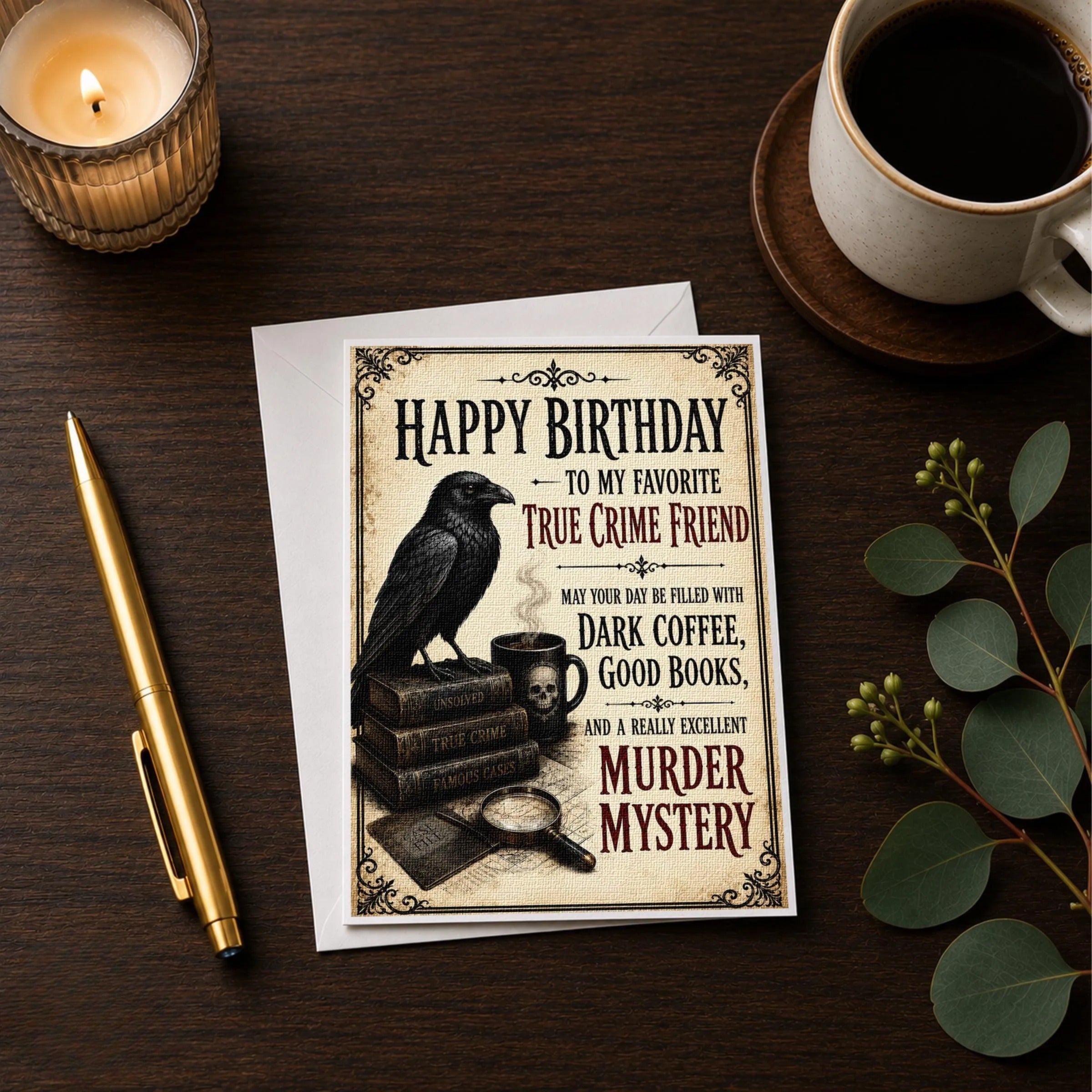 a birthday card with a black bird, a stack of books, and a cup of coffee, all set on a wooden surface.