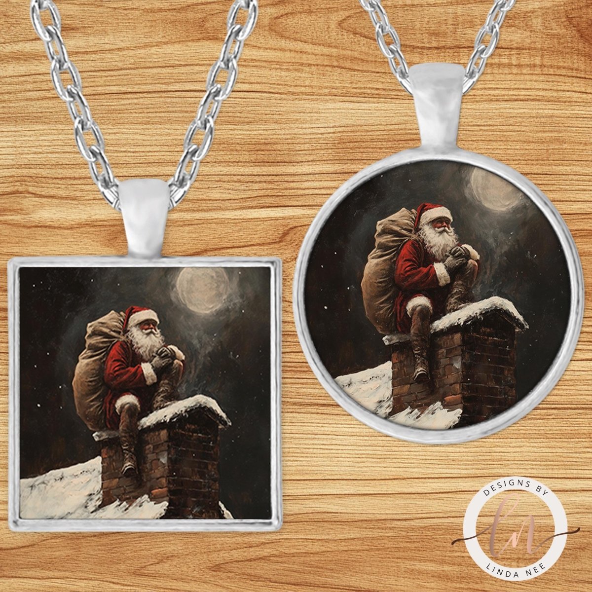 Santa on Chimney Christmas Pendant Necklace