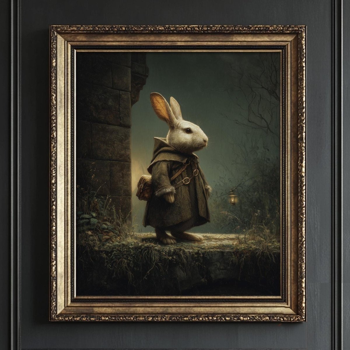 A painting of a white rabbit wearing a brown coat and carrying a bag, standing on a rock in a dark, mysterious setting.