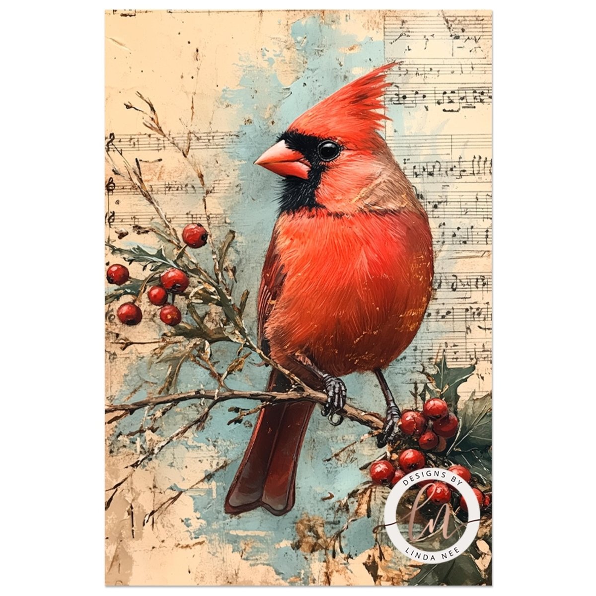Scarlet cardinal perched among red berries against a sheet music background