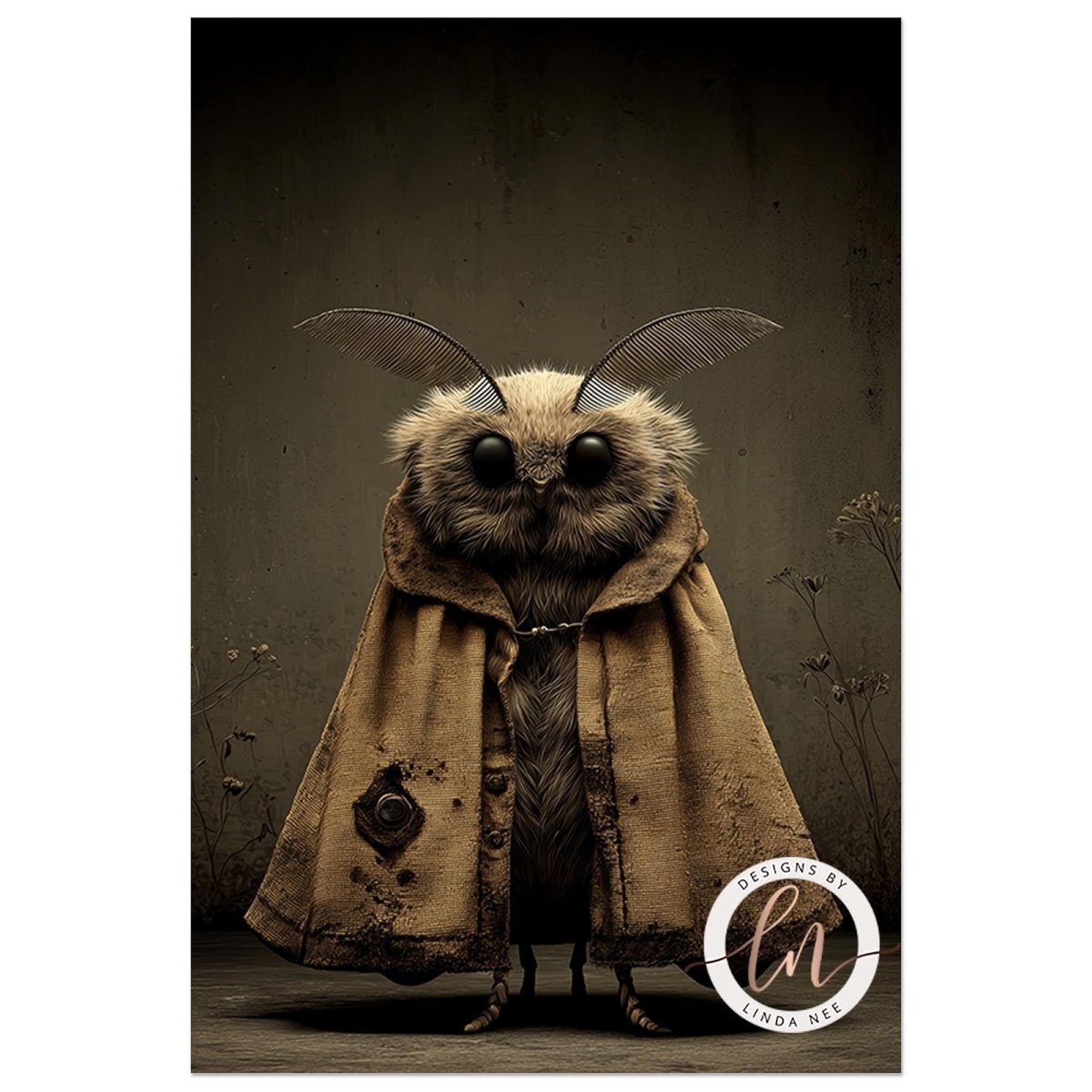 A moth with large eyes and a brown coat stands against a dark background.