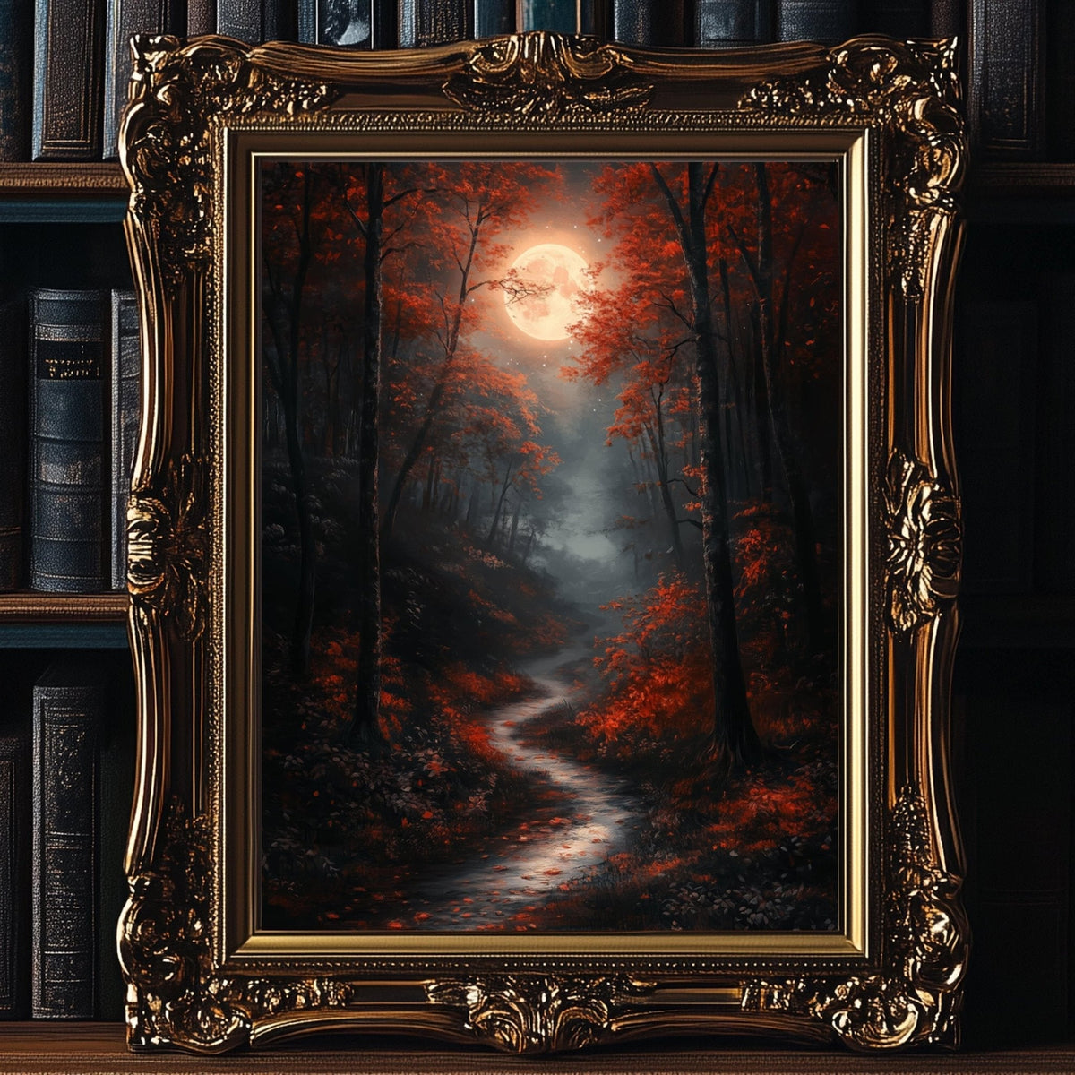 A framed painting depicting a serene forest scene with a winding path leading through the trees, framed by an ornate gold frame.