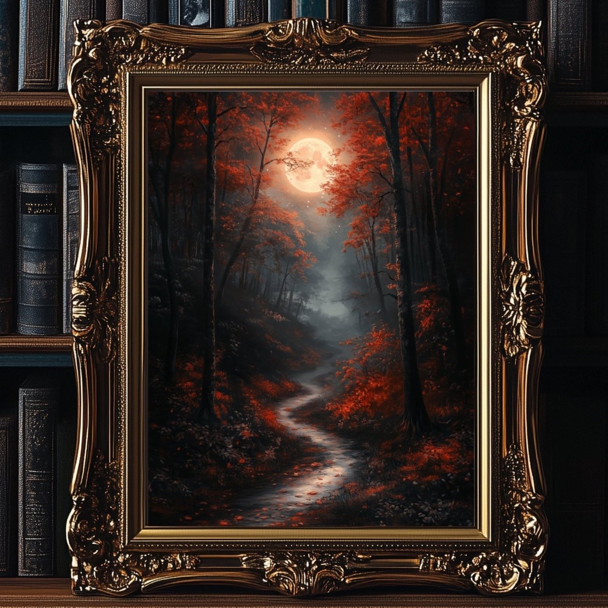 Full moon glowing over a dark woodland in deep red autumn hues