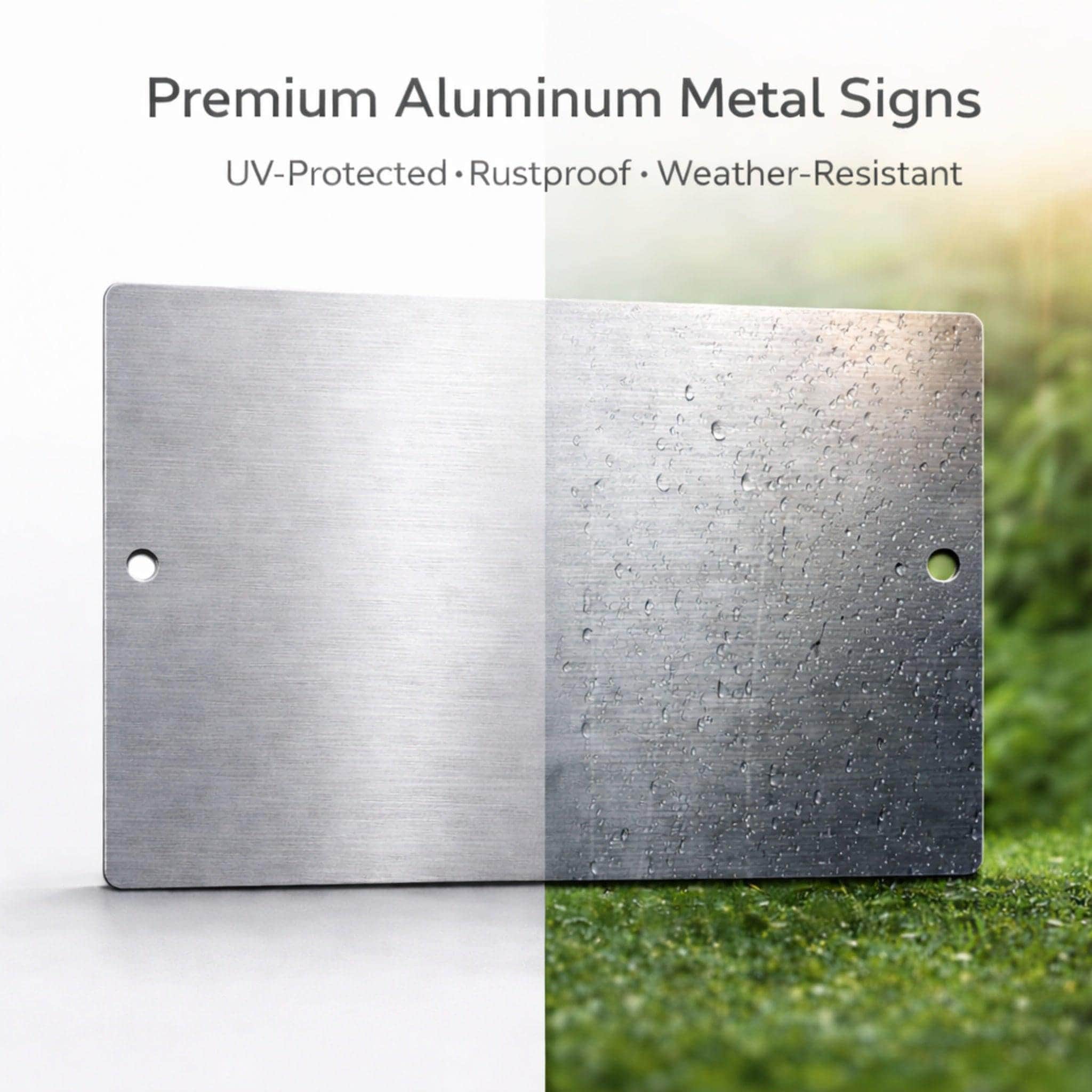 a metal sign with a textured surface, with one side appearing shiny and the other side appearing wet. The text above the image reads "Premium Aluminum Metal Signs", and below the image, it says "UV-Protected - Rustproof - Weather-Resistant".