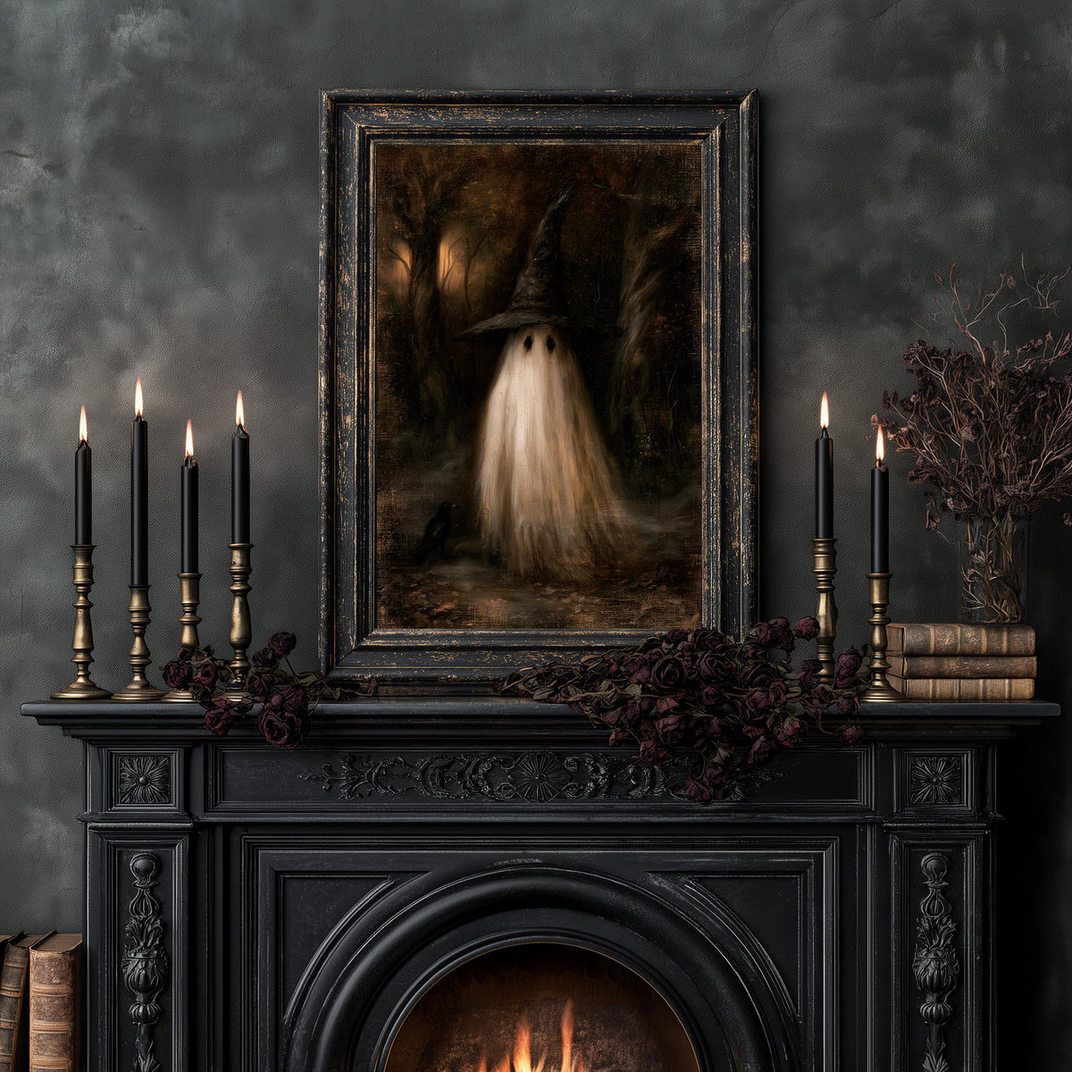 Large gothic ghost artwork centered above a candlelit fireplace