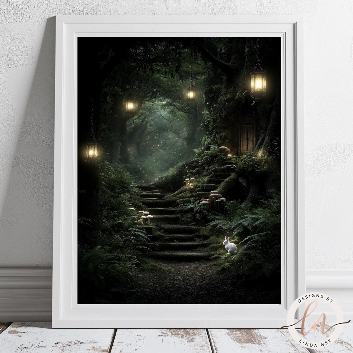 A whimsical forest scene with a winding path leading up to a small wooden cabin, surrounded by lush greenery and mushrooms.