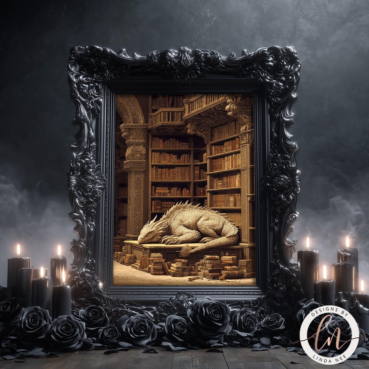a large, ornate black frame with a detailed wood carving of a dragon inside, surrounded by a dark, mysterious atmosphere with candles and rose petals.