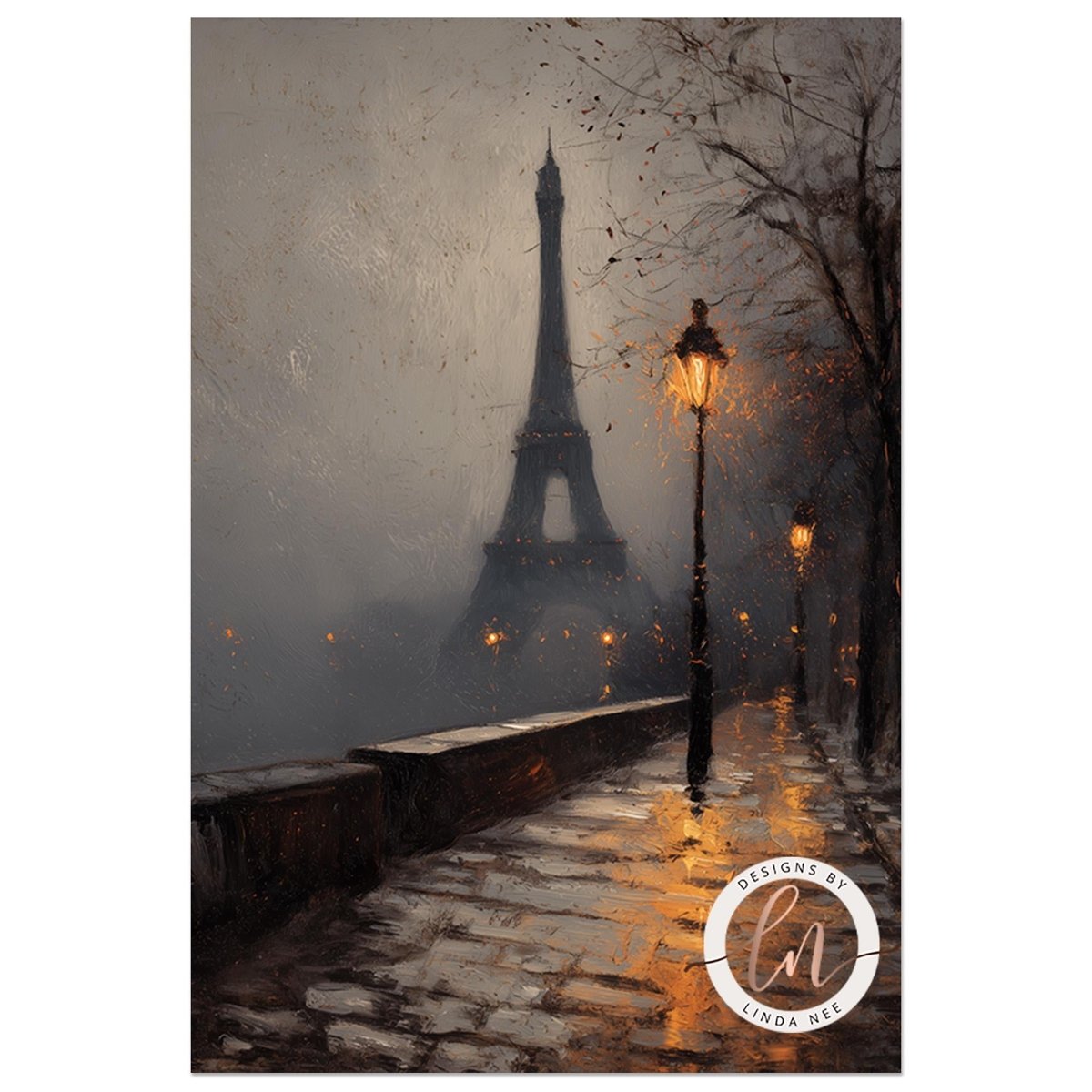 a rainy night scene with the Eiffel Tower in the background, illuminated by street lamps and creating a romantic atmosphere.