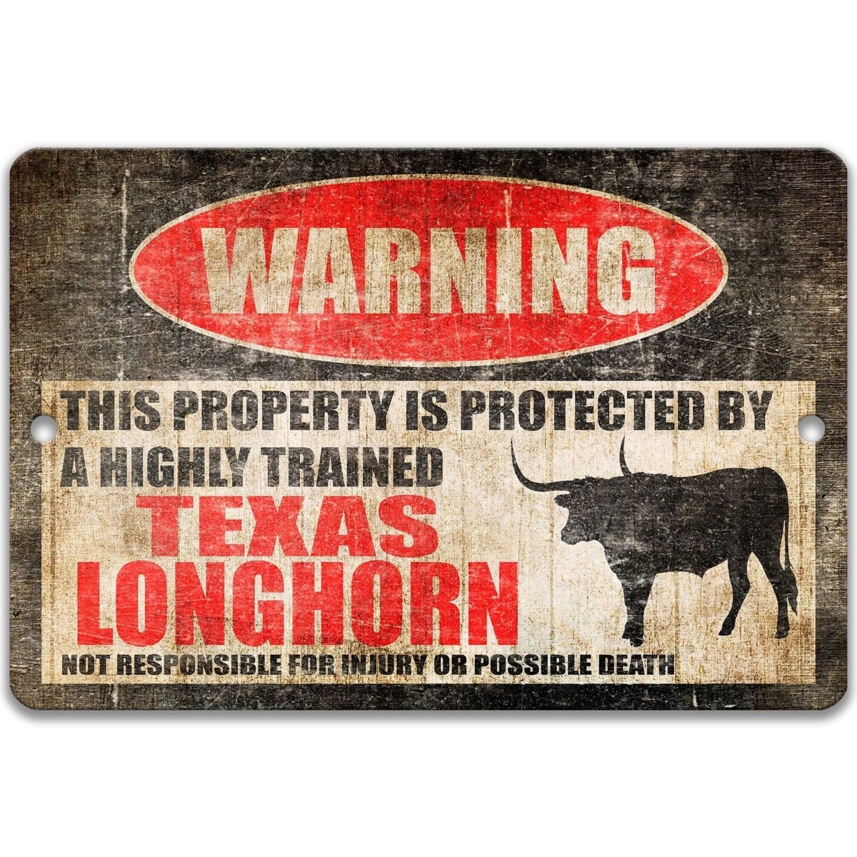 Texas Longhorn warning sign, red WARNING oval, this property is protected by a highly trained Texas Longhorn, with Texas Longhorn silhouette
