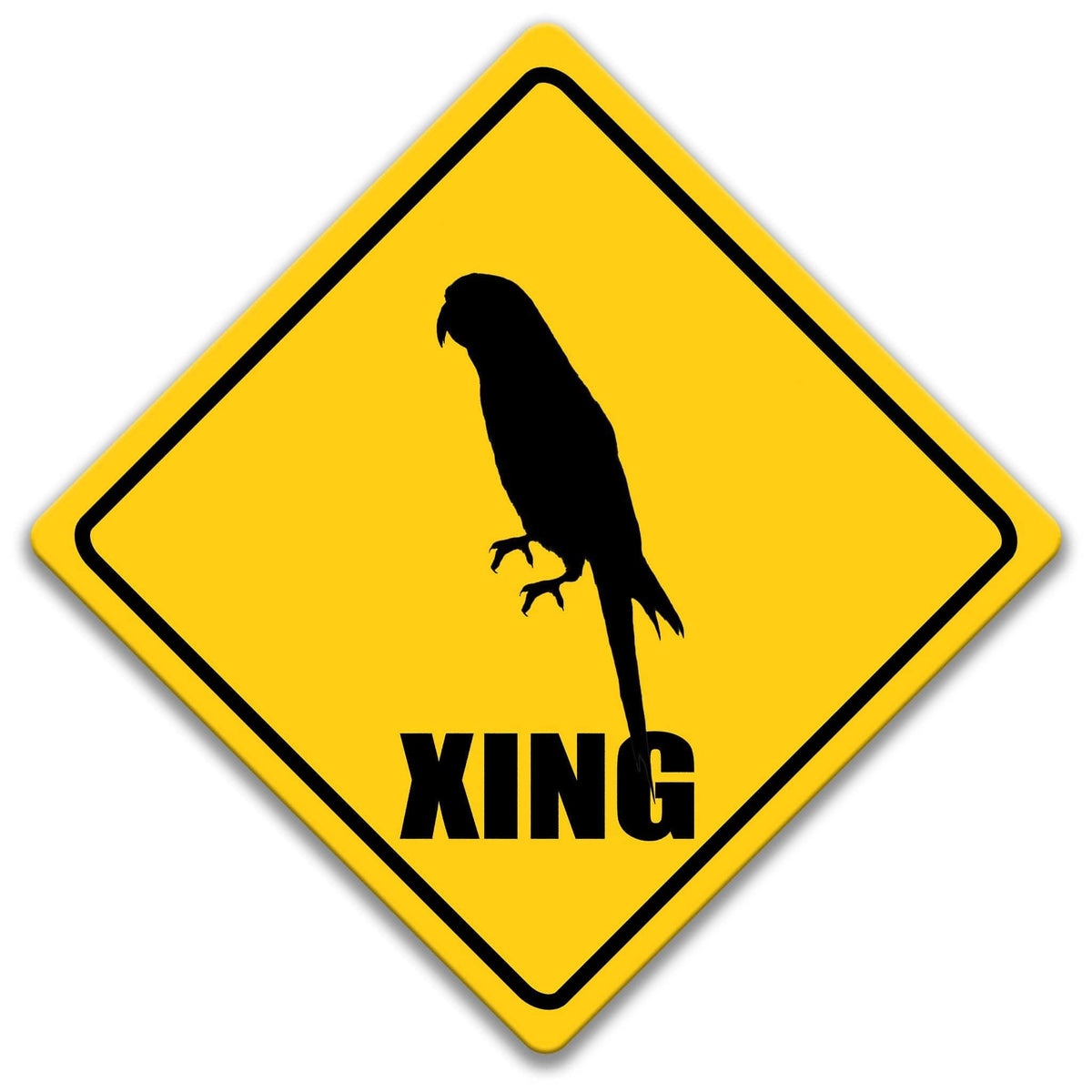 A yellow diamond-shaped road sign with a black silhouette of a parrot and the word "XING" below it.