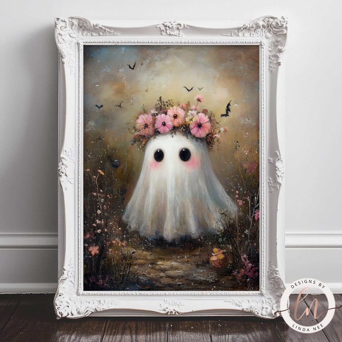 Ghost figure with a flower crown in a garden scene with bats