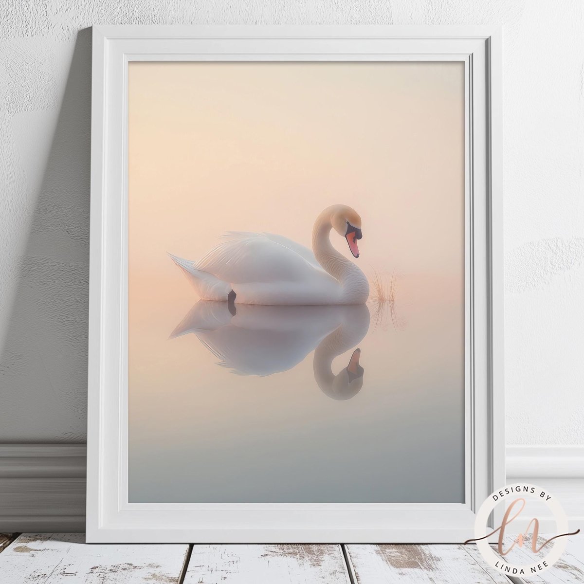 A white swan gracefully floating on a calm body of water, its reflection perfectly mirrored in the still surface.