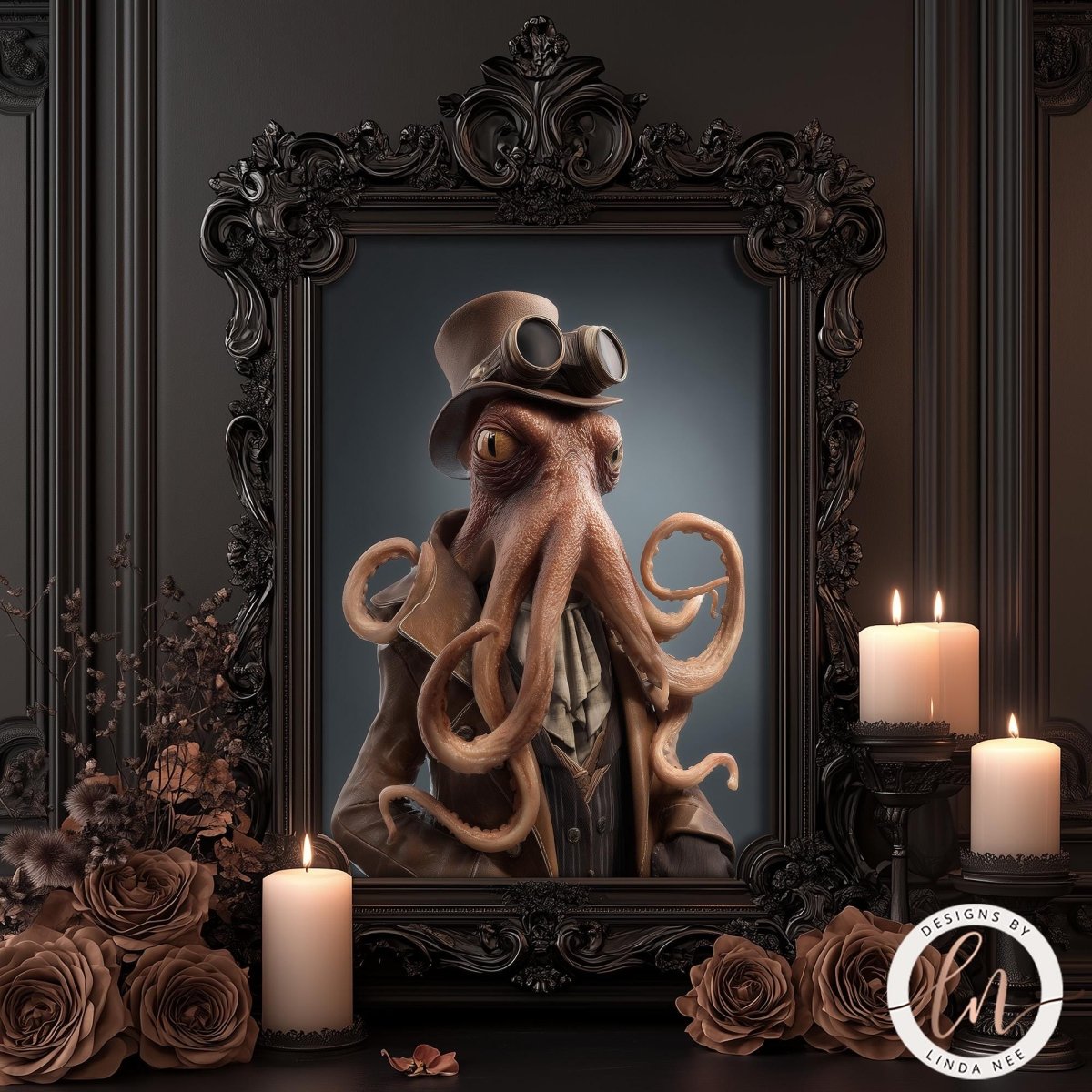 an octopus wearing a top hat and goggles, standing in a black ornate frame with a candle and rose arrangement to the left.
