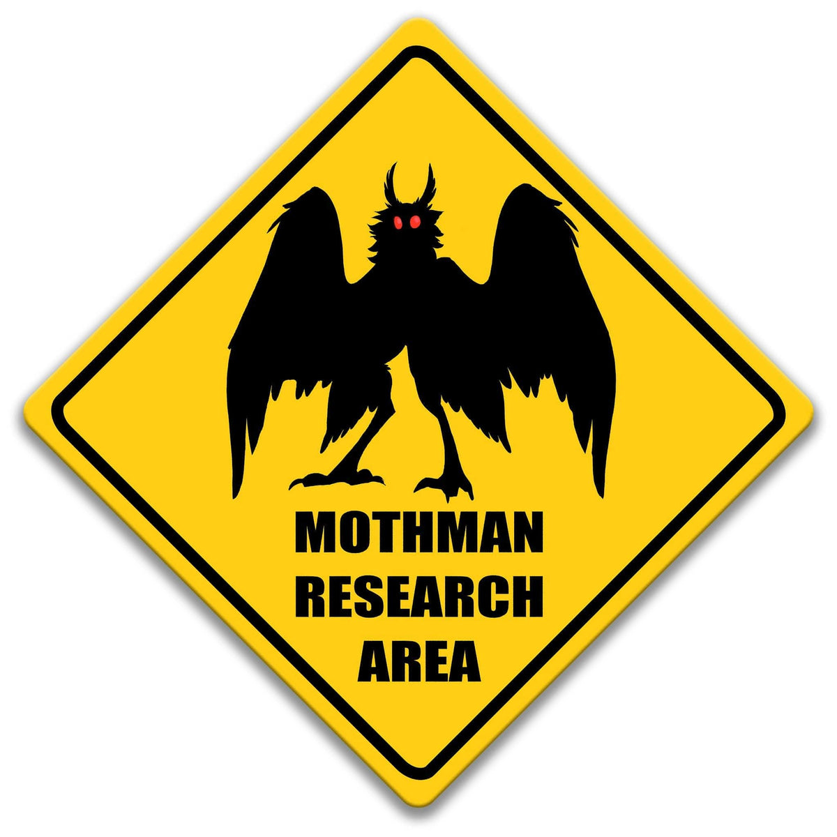 a yellow diamond-shaped sign with a black silhouette of a winged creature, possibly a moth or a similar insect, and the text "MOTHMAN RESEARCH AREA" below it.