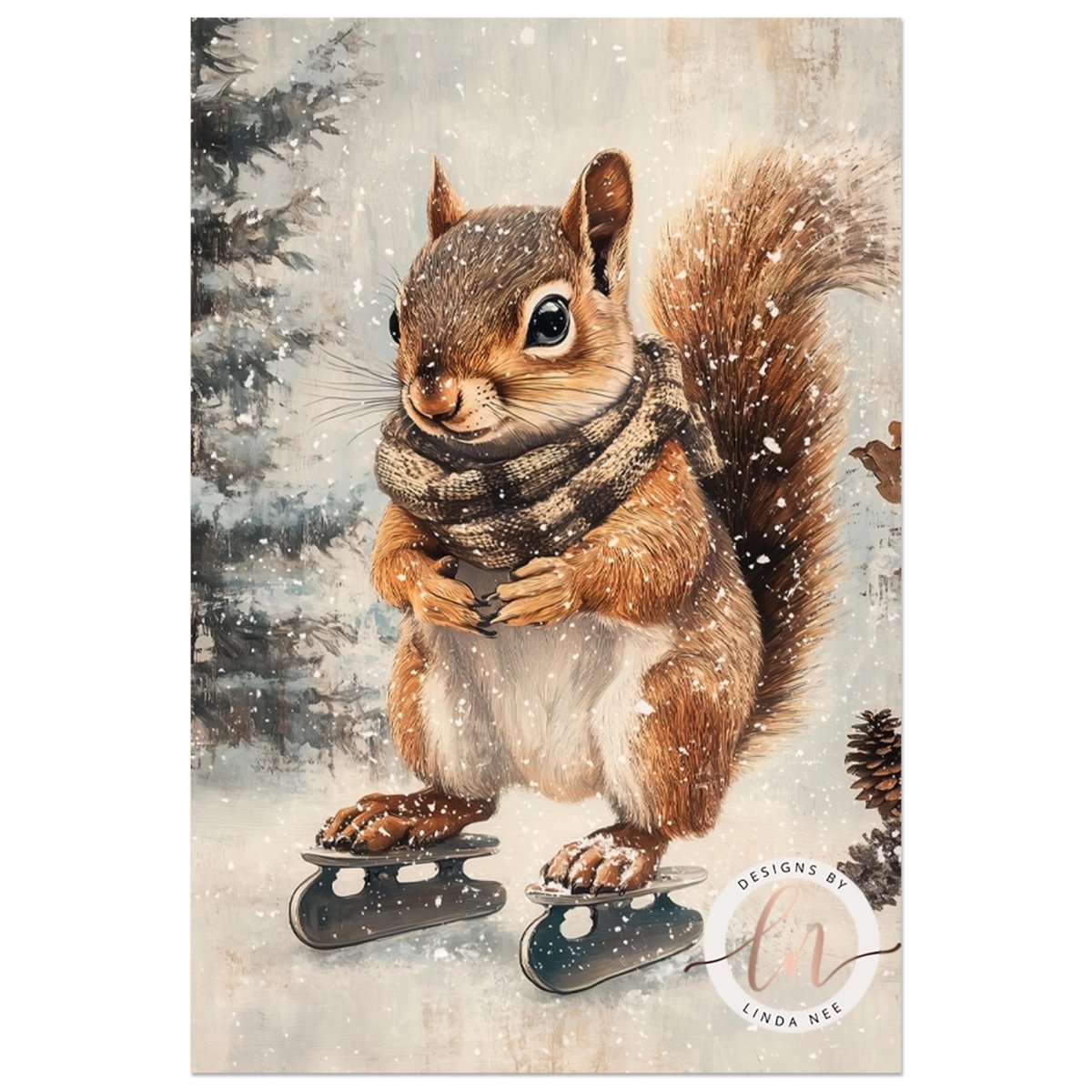 Squirrel wearing a scarf skiing through fresh forest snow