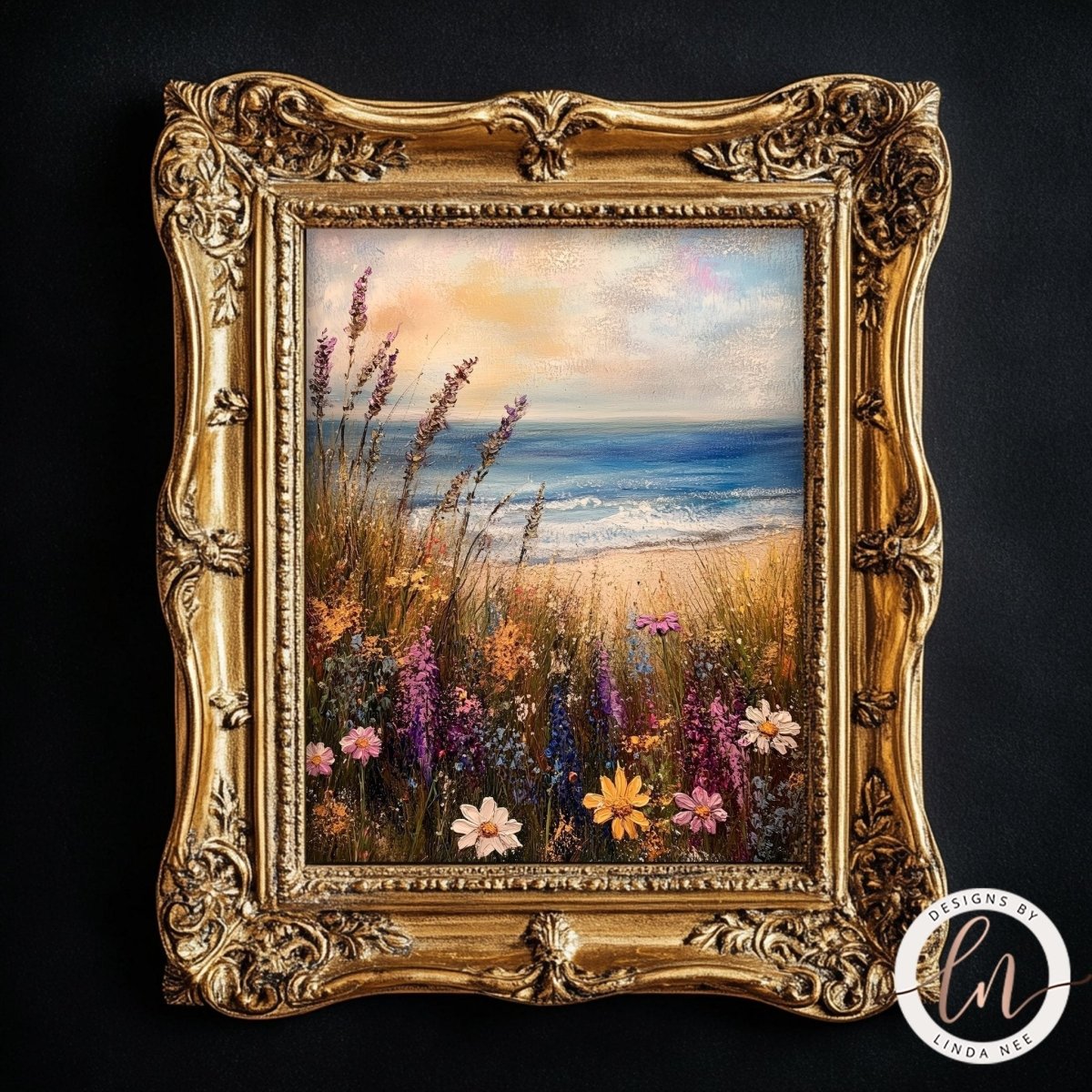 a painting of a field with flowers and grass, set against a backdrop of a blue sky and ocean.