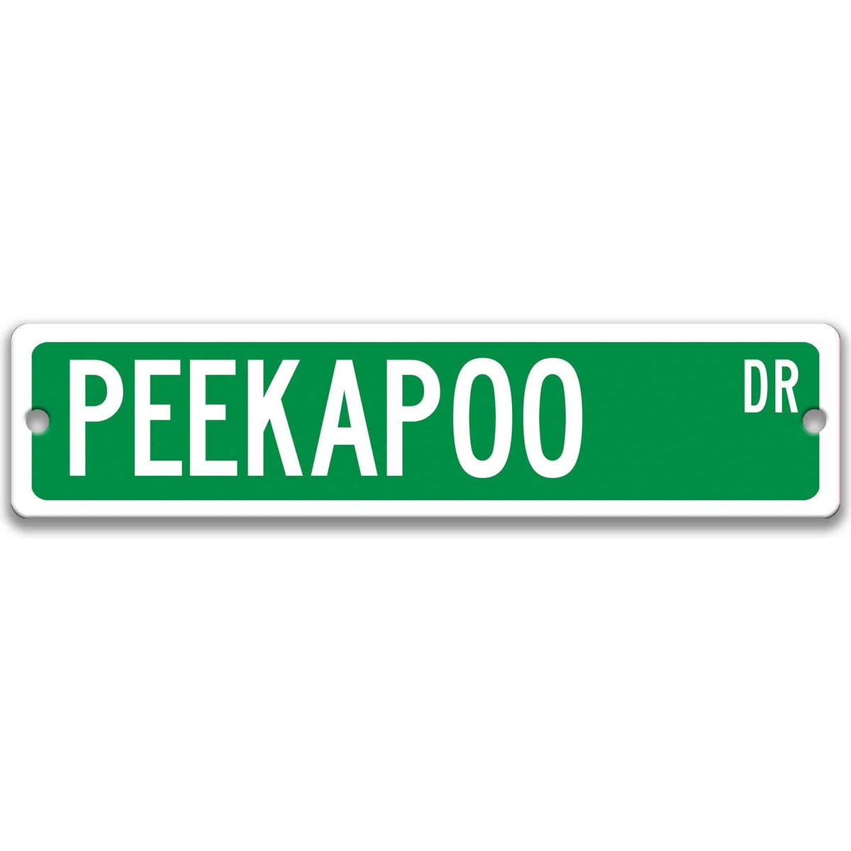 Red Peekapoo DR aluminum street sign with white lettering