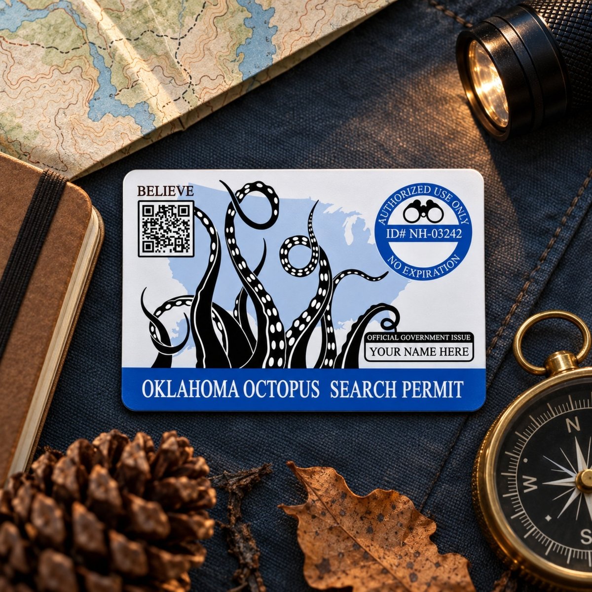 a search permit for the Oklahoma Octopus, a unique and rare species of octopus, with a map and a compass on the side.