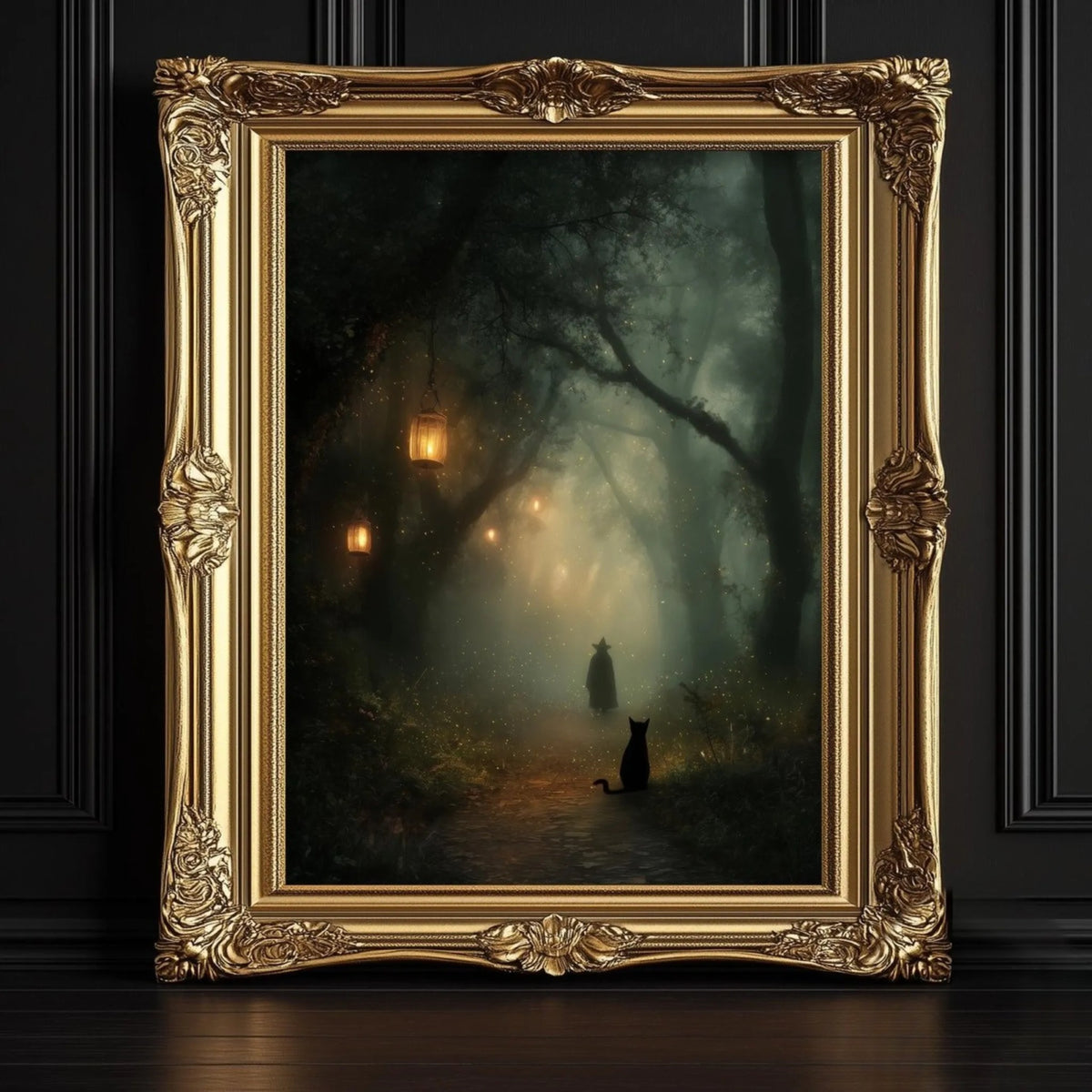 A framed painting depicting a serene forest scene with a path leading through the trees, illuminated by lanterns hanging from the branches, creating a mystical and enchanting atmosphere.