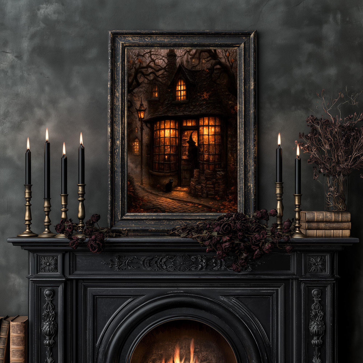 Bookshop wall art above a mantel lined with tapered candles