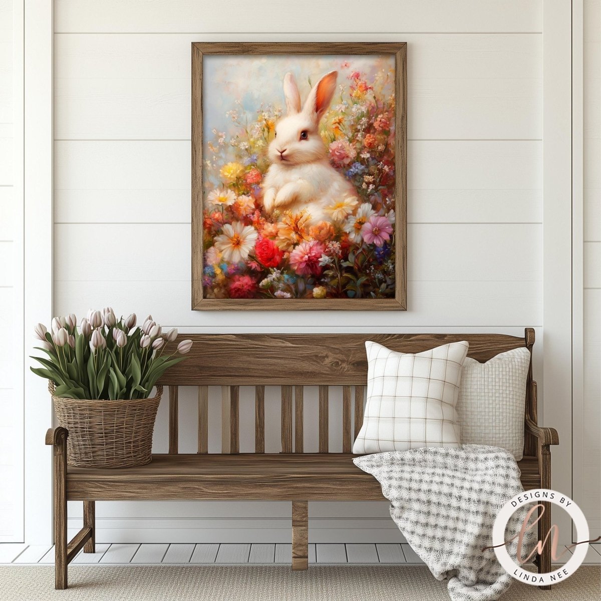 a wooden bench with a wicker basket filled with flowers, and a framed painting of a rabbit sitting amidst a colorful floral arrangement hanging on the wall above the bench.