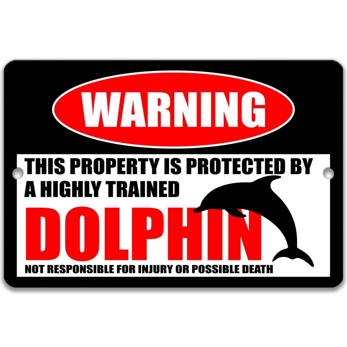 Dolphin warning metal sign, glossy black, red WARNING oval and leaping dolphin silhouette