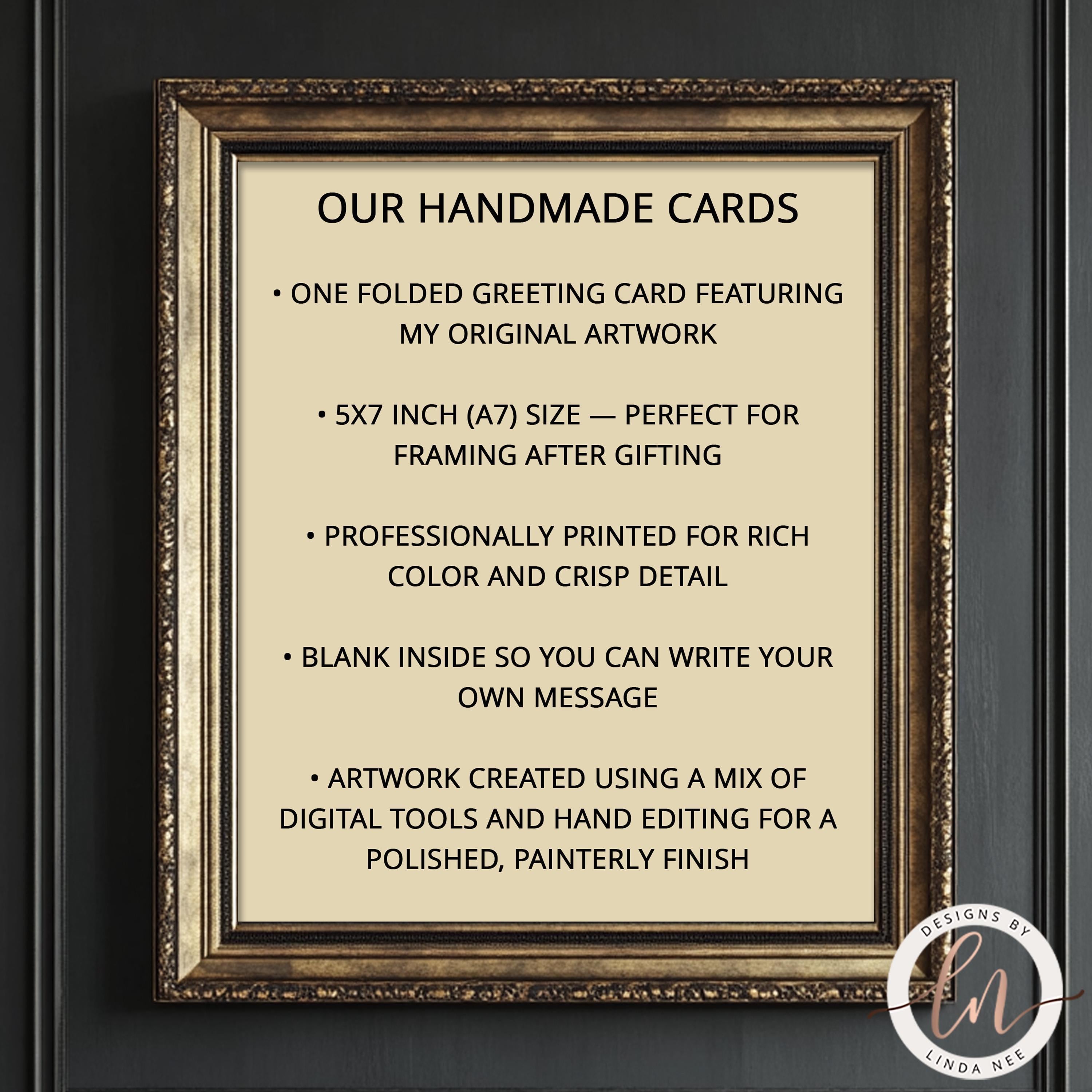 Framed description of handmade cards with gold frame and black text on a dark background