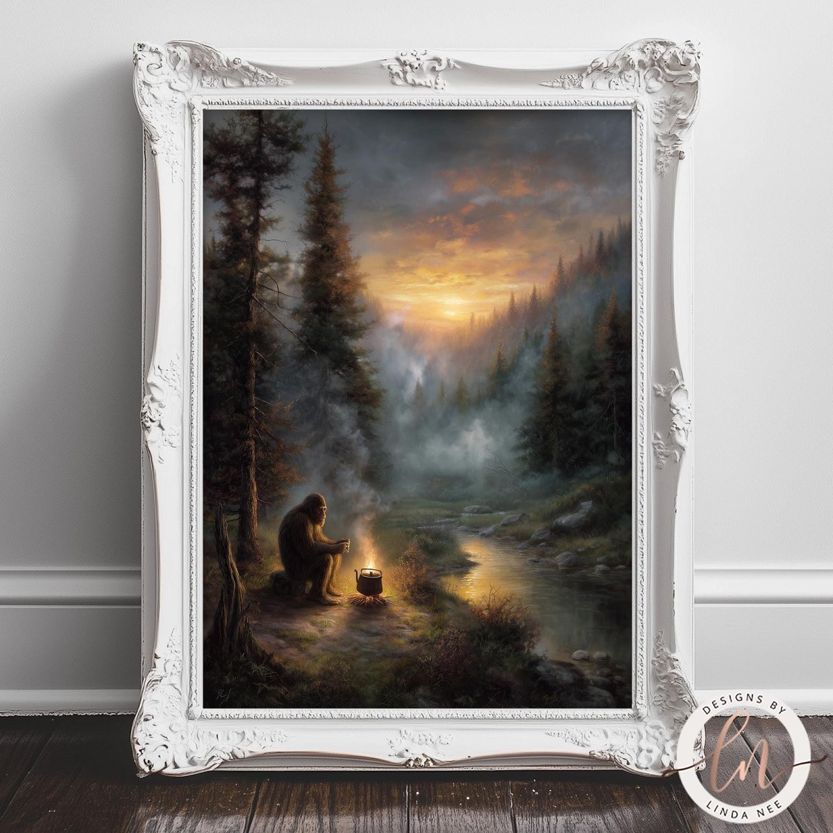 A person is sitting by a campfire in a forest, with a breathtaking sunset in the background.