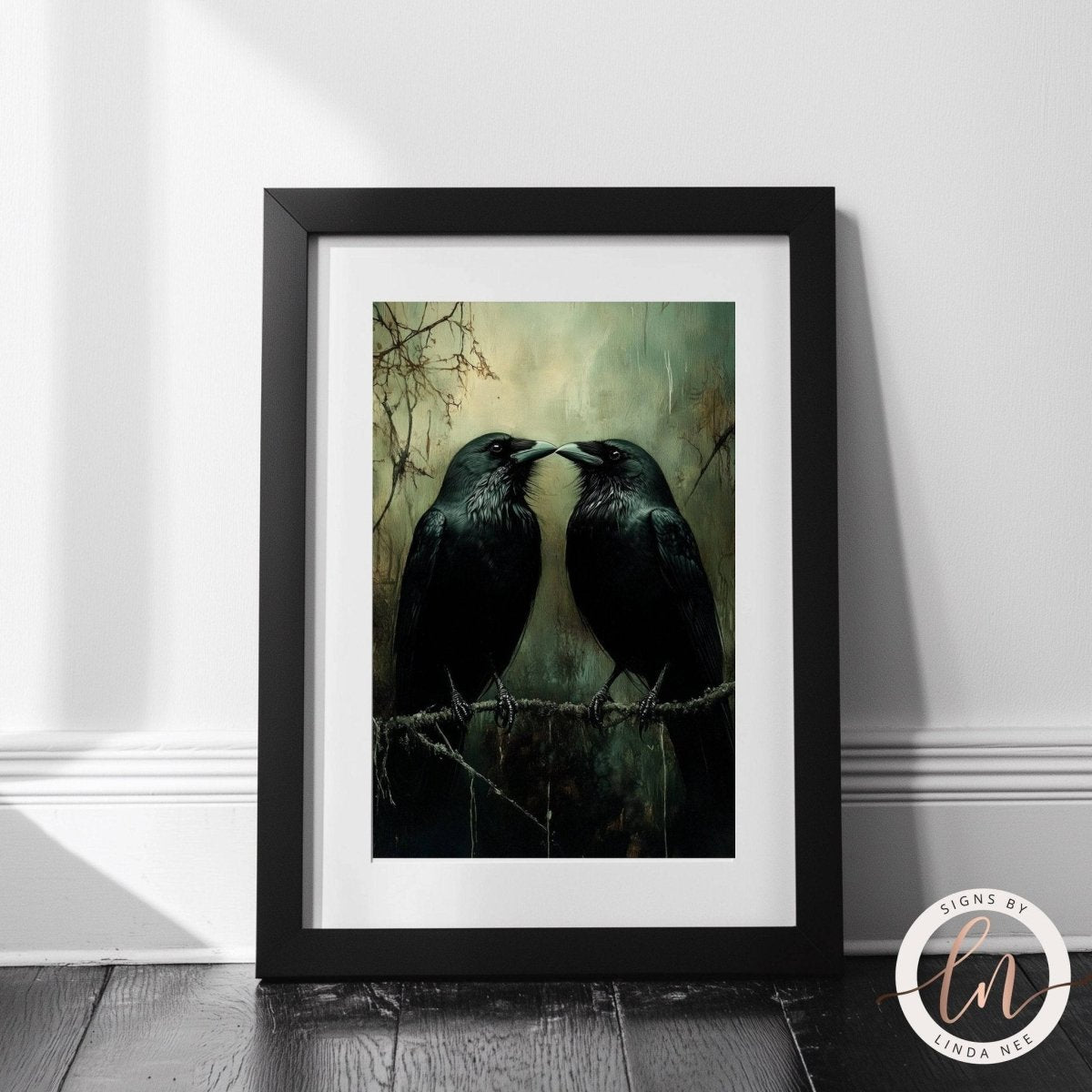 Ravens touching beaks in an affectionate close portrait